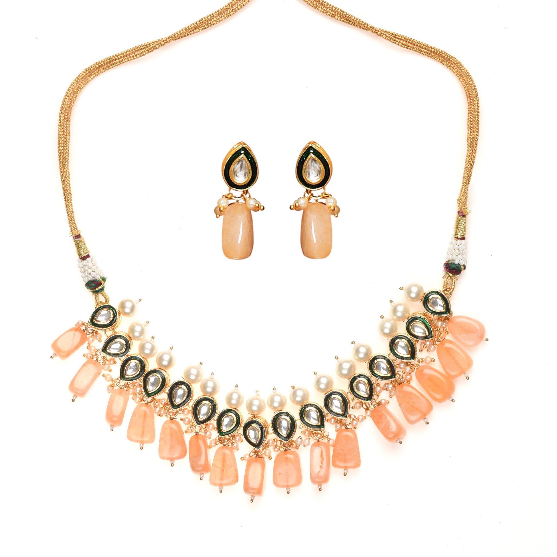 Kundan Necklace Set with Pearls and Peach Drops