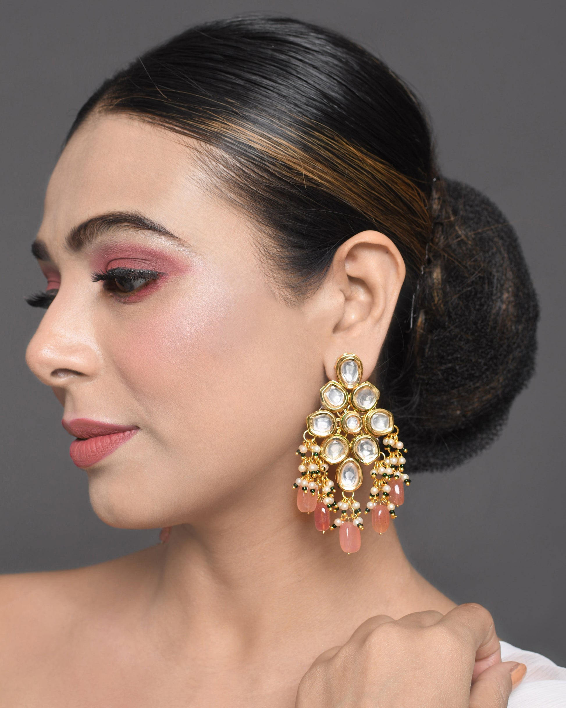 Handcrafted Kundan & Peach Beaded Statement Earrings