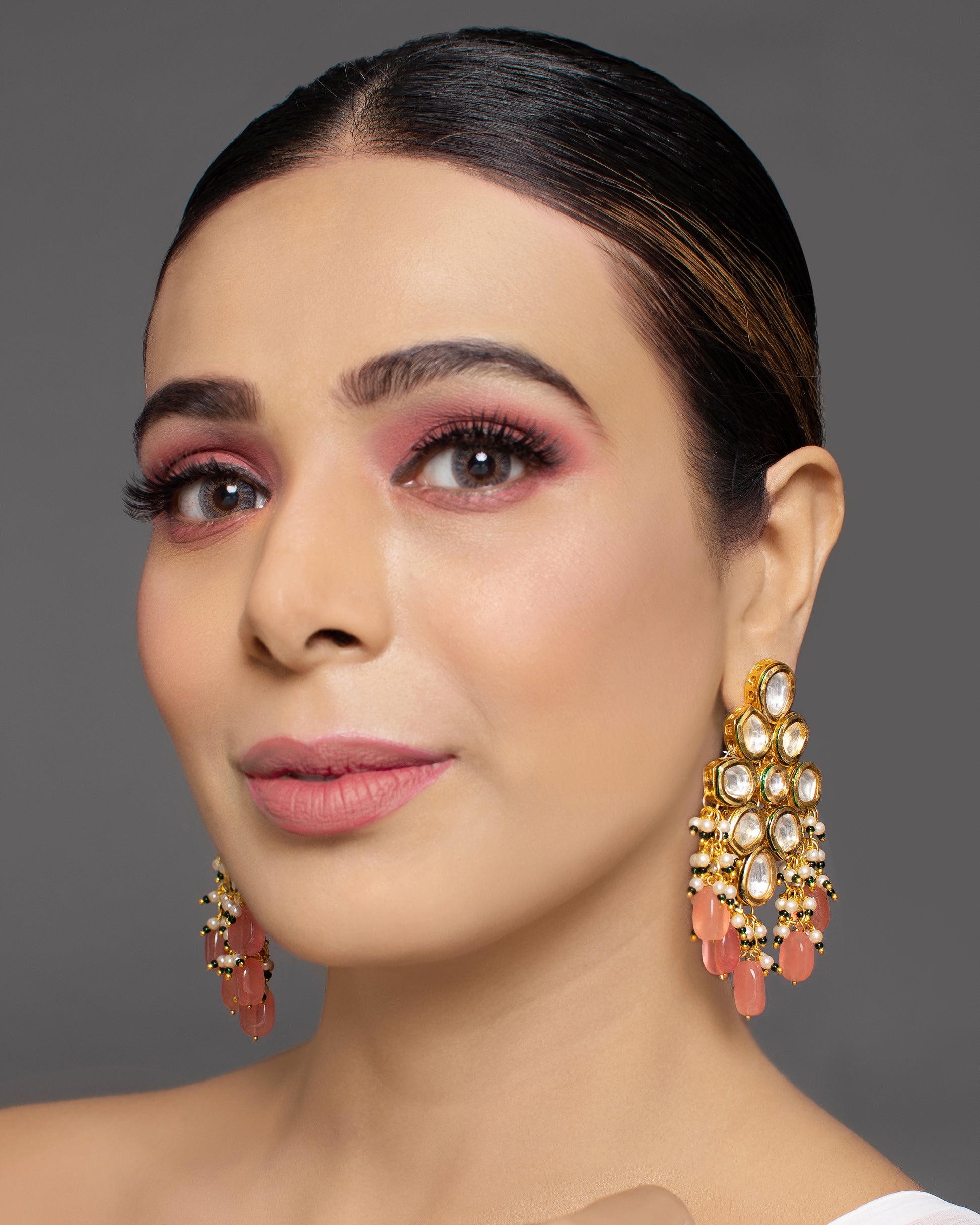 Handcrafted Kundan & Peach Beaded Statement Earrings