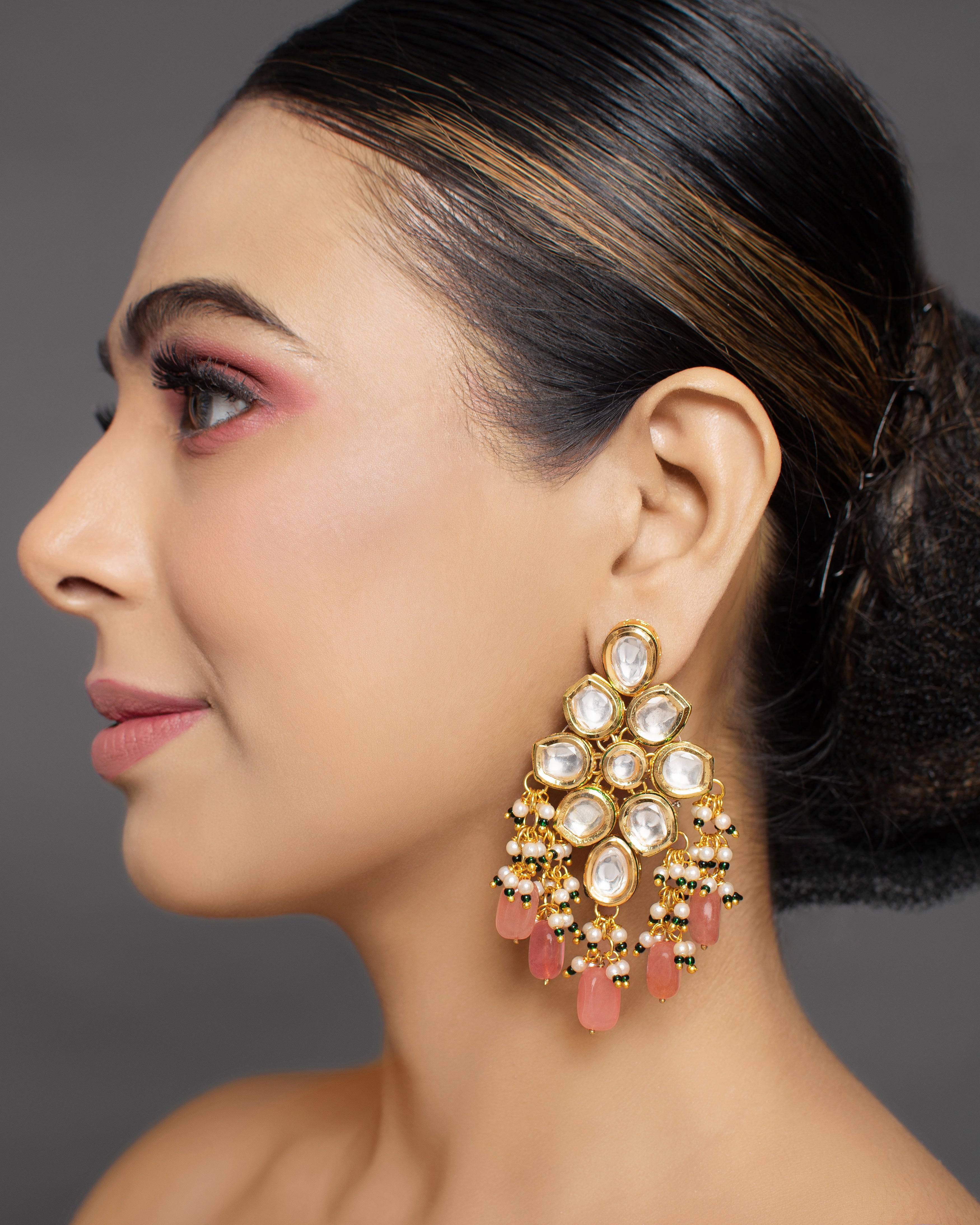 Handcrafted Kundan & Peach Beaded Statement Earrings