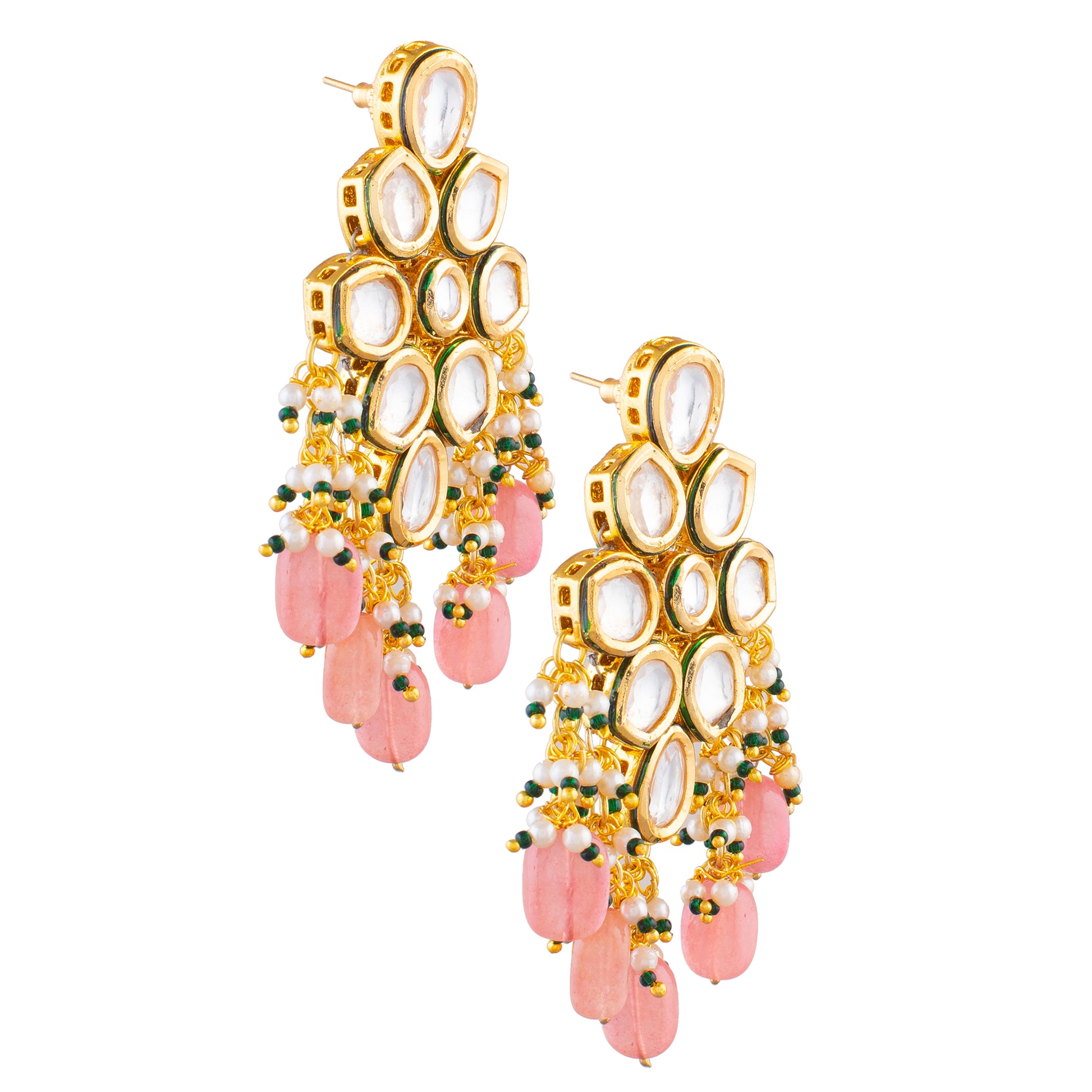 Handcrafted Kundan & Peach Beaded Statement Earrings