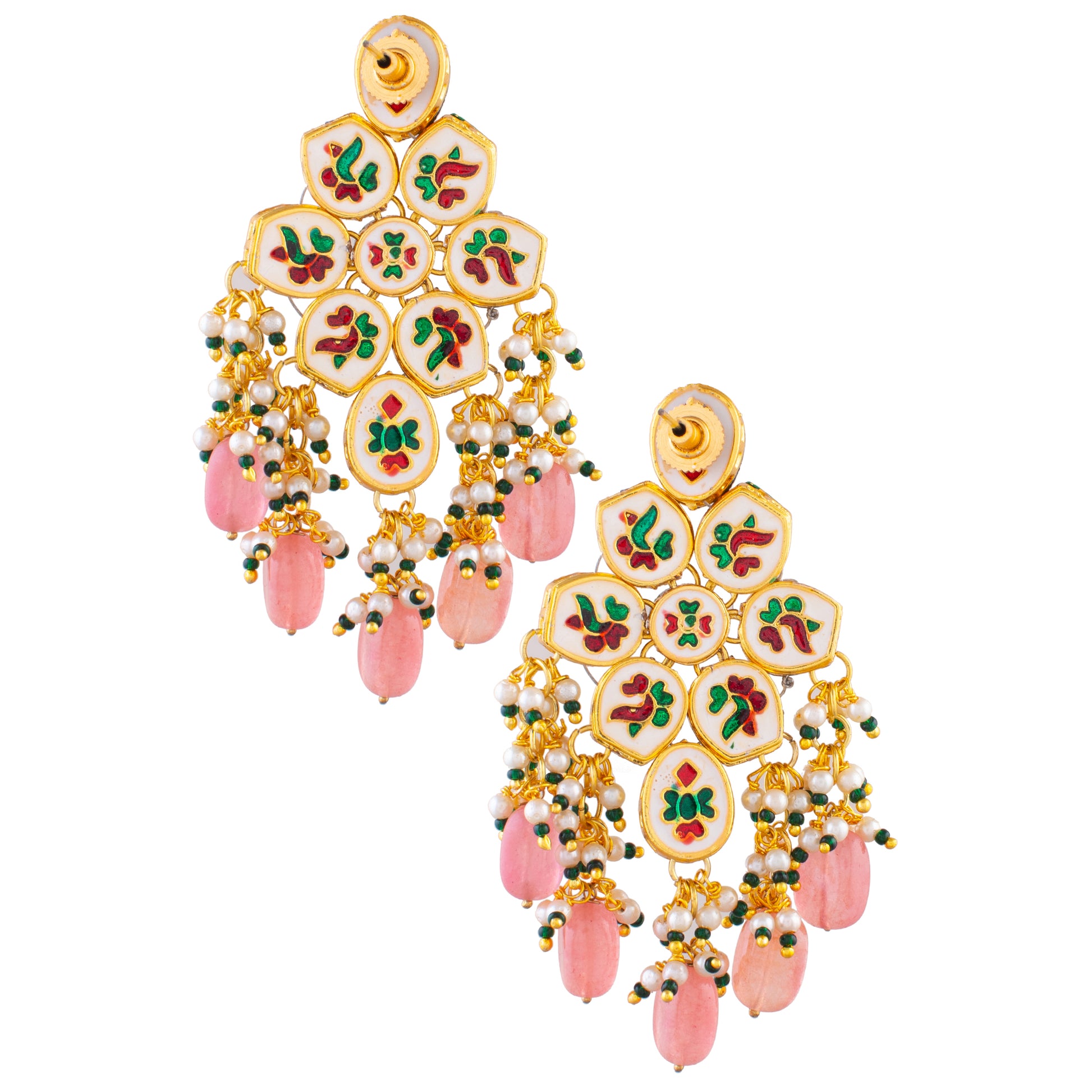 Handcrafted Kundan & Peach Beaded Statement Earrings