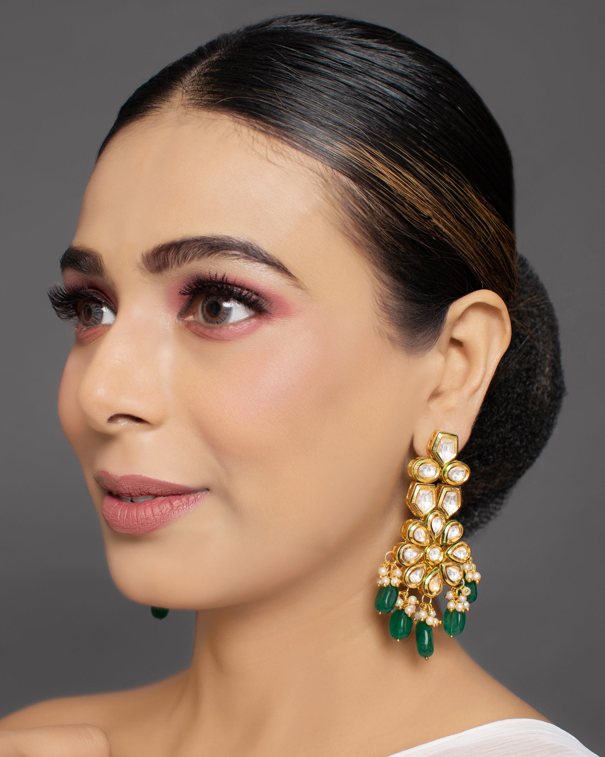 Kundan Earrings with Green Beads & Meenakari Back
