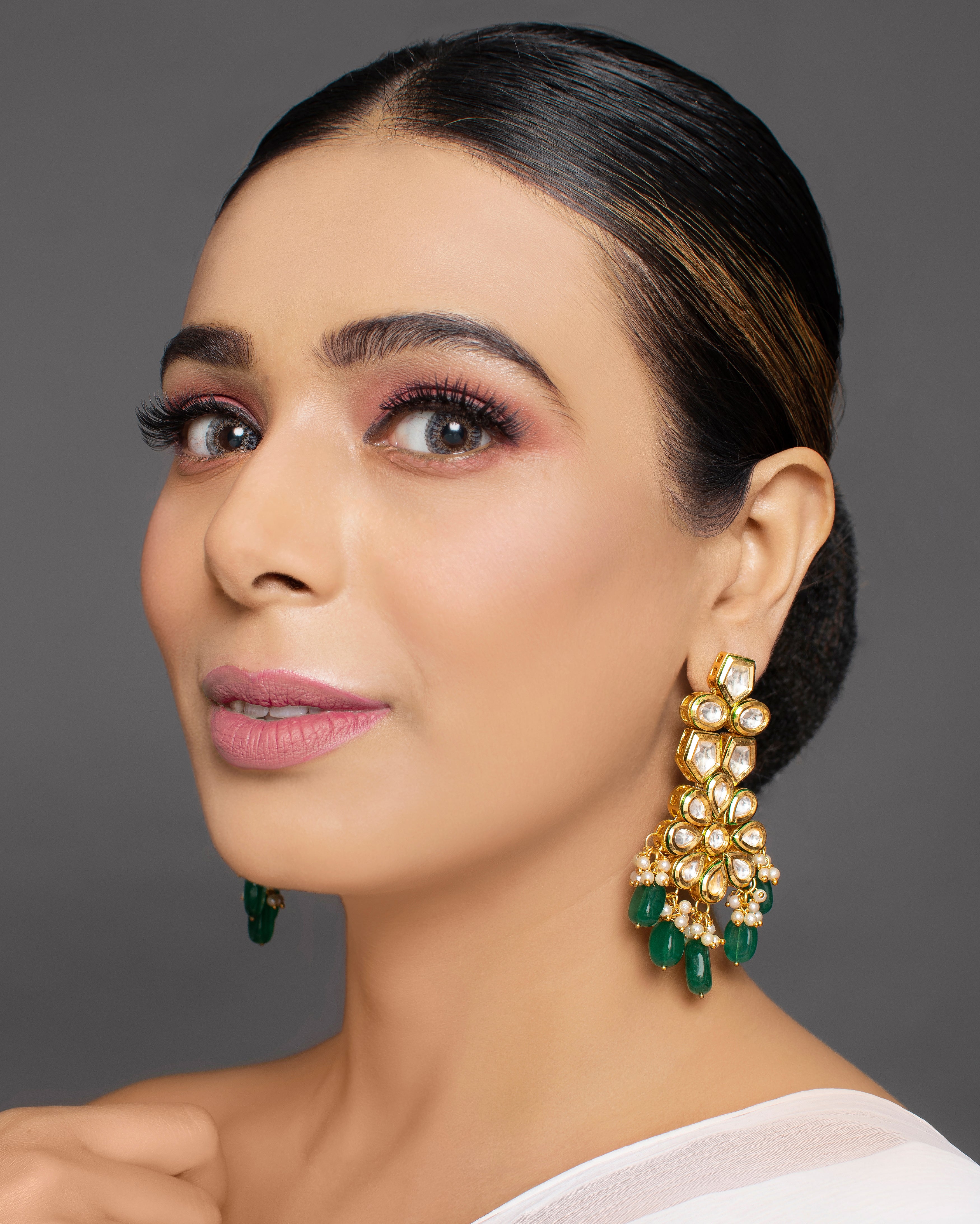 Kundan Earrings with Green Beads & Meenakari Back