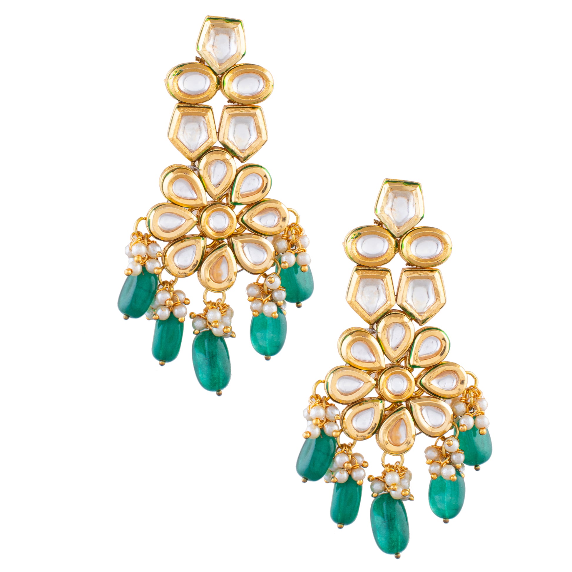 Kundan Earrings with Green Beads & Meenakari Back