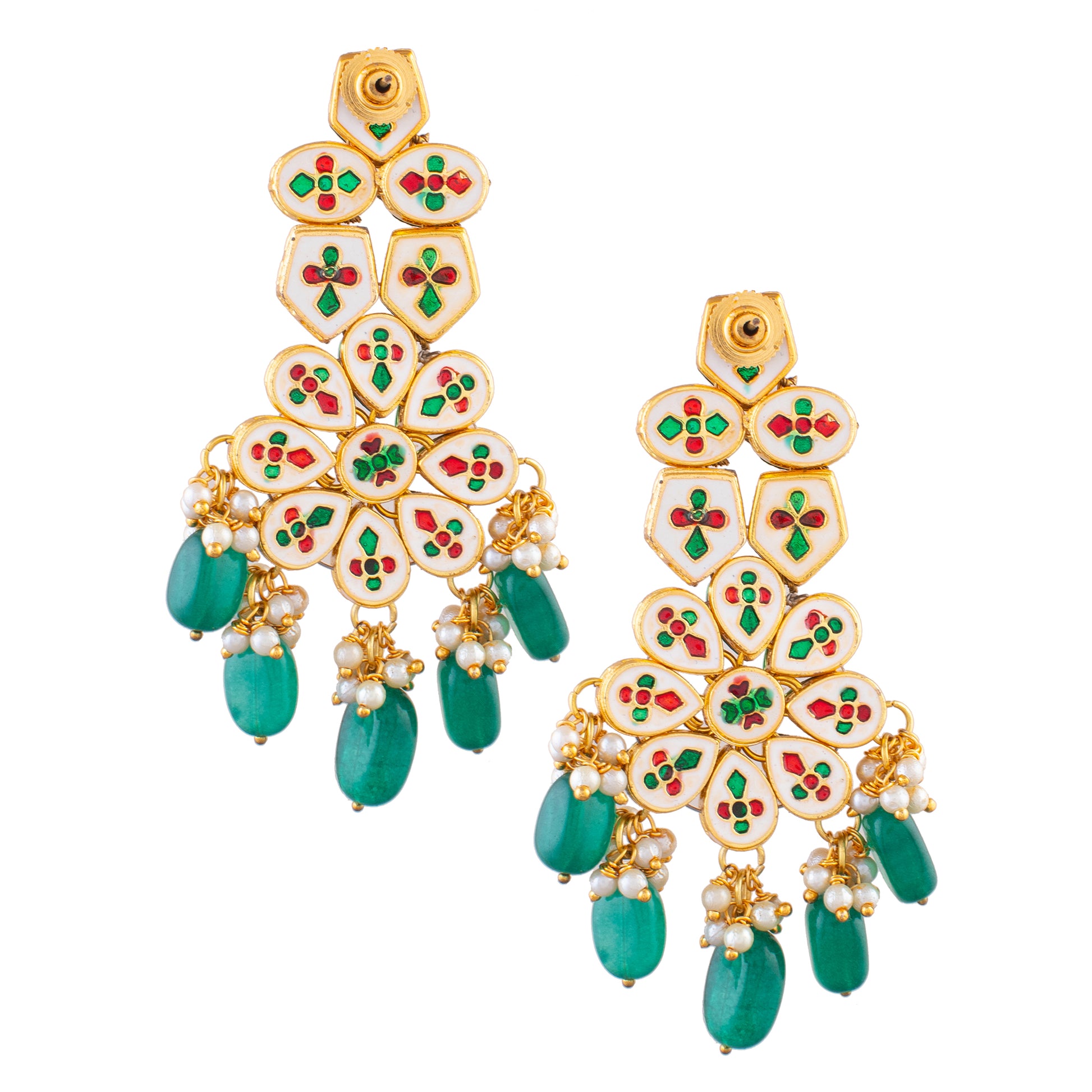 Kundan Earrings with Green Beads & Meenakari Back