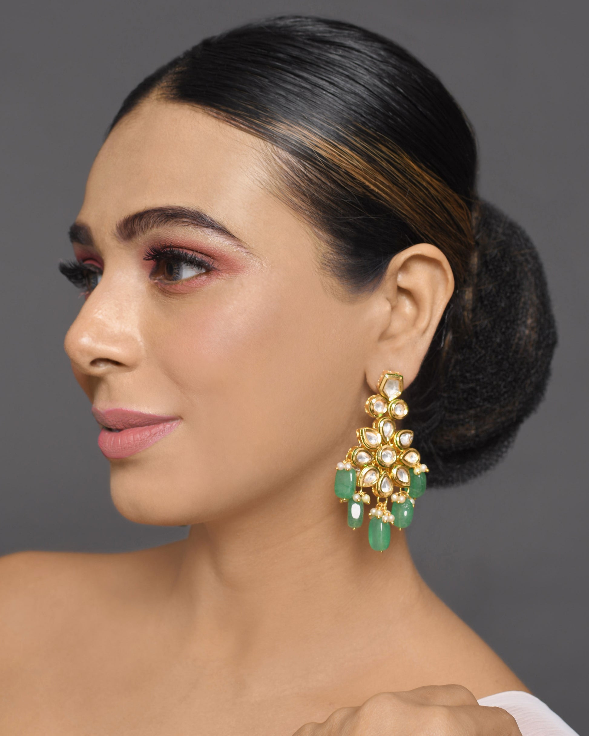 Handcrafted Kundan Floral Earrings with Green Beads