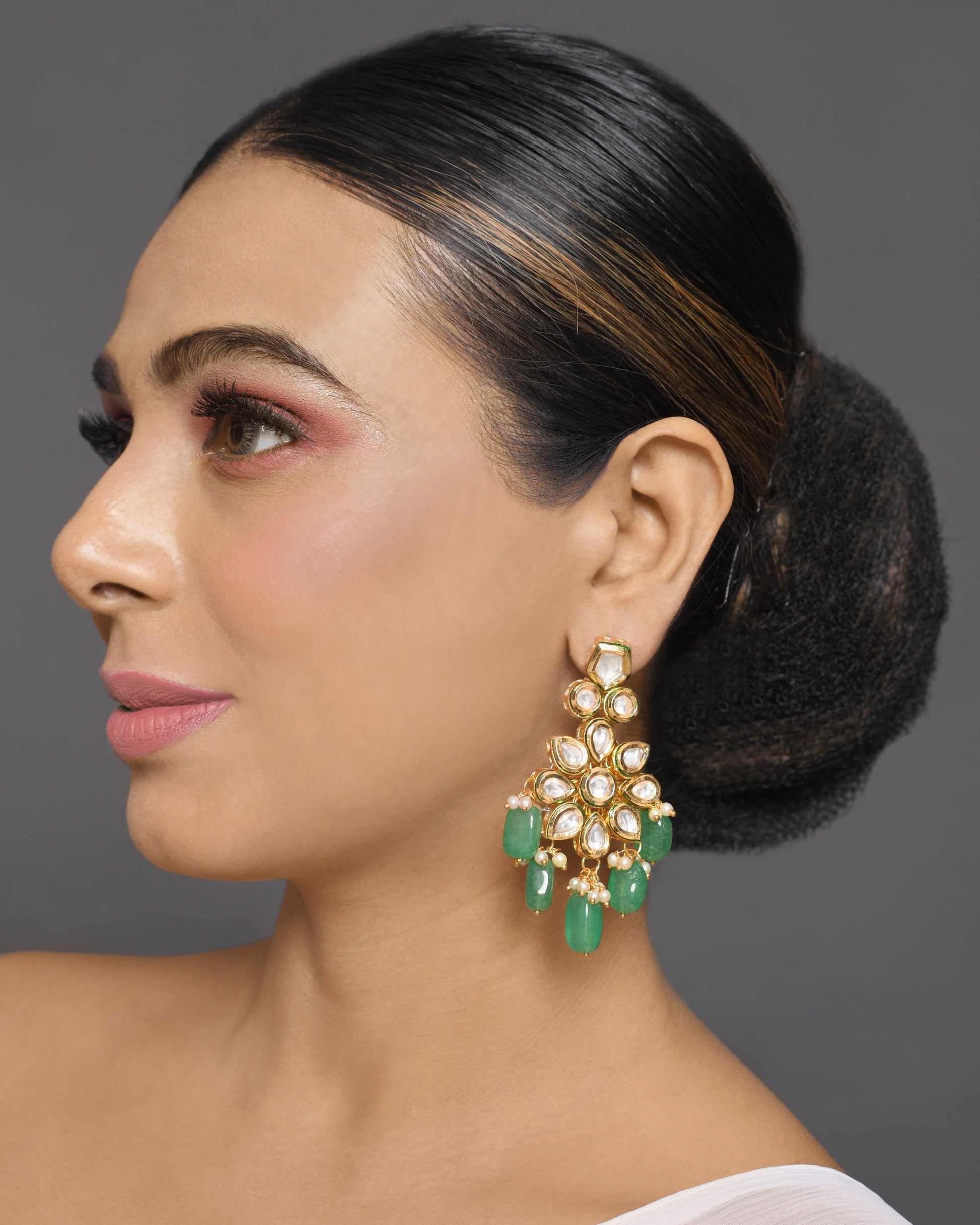 Handcrafted Kundan Floral Earrings with Green Beads
