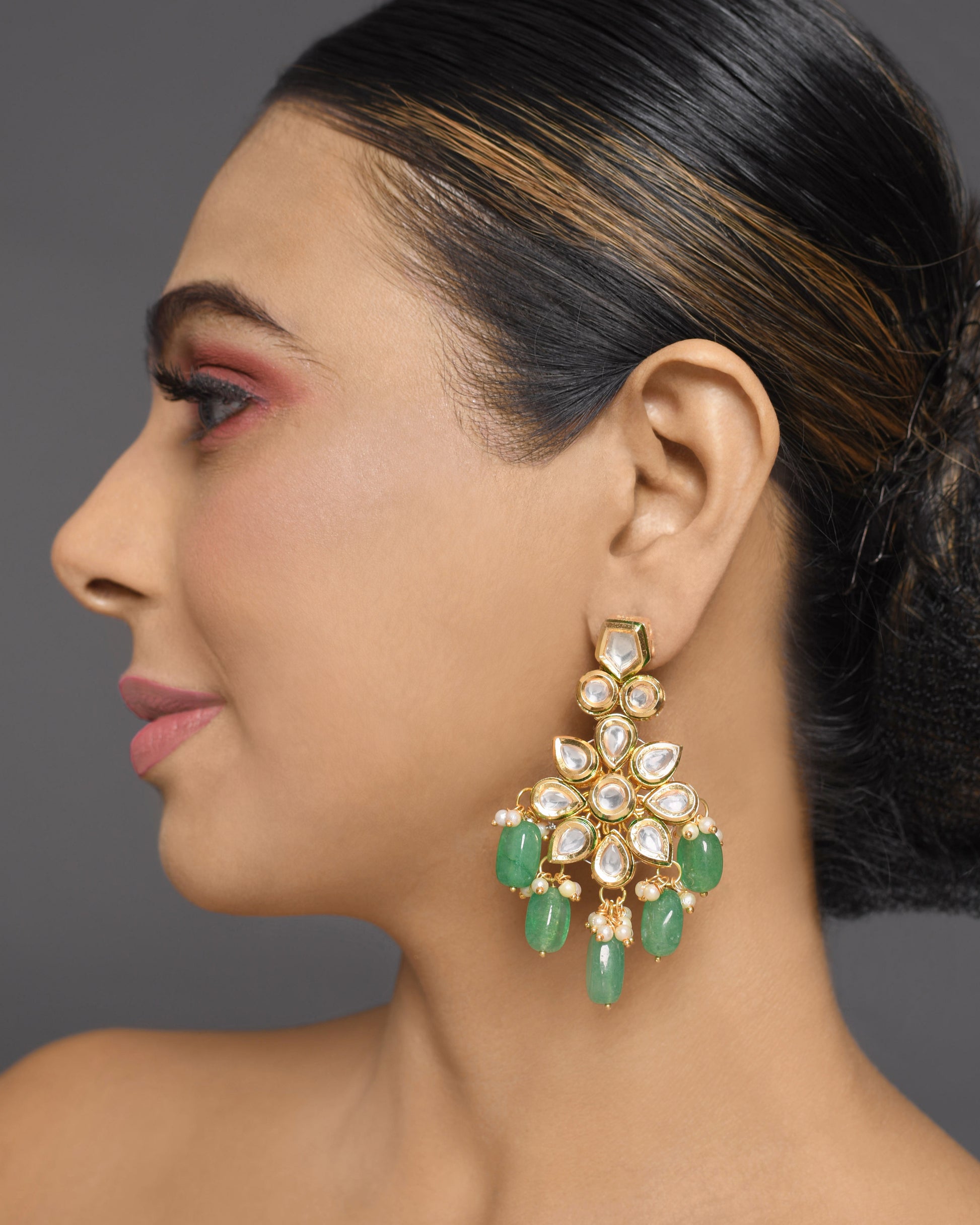 Handcrafted Kundan Floral Earrings with Green Beads