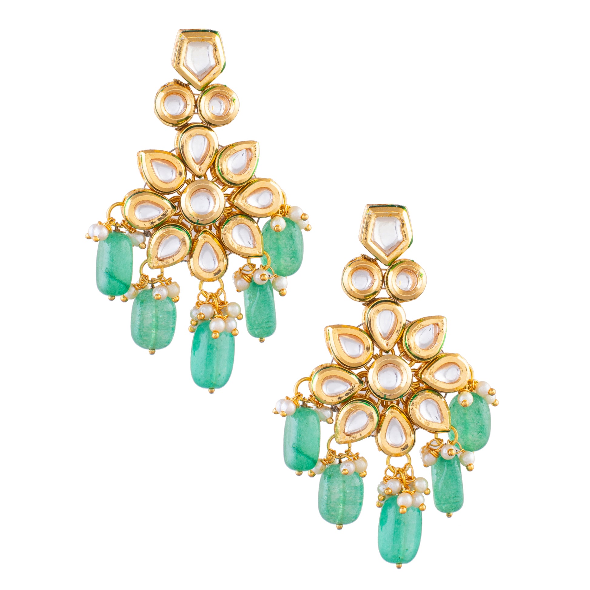 Handcrafted Kundan Floral Earrings with Green Beads
