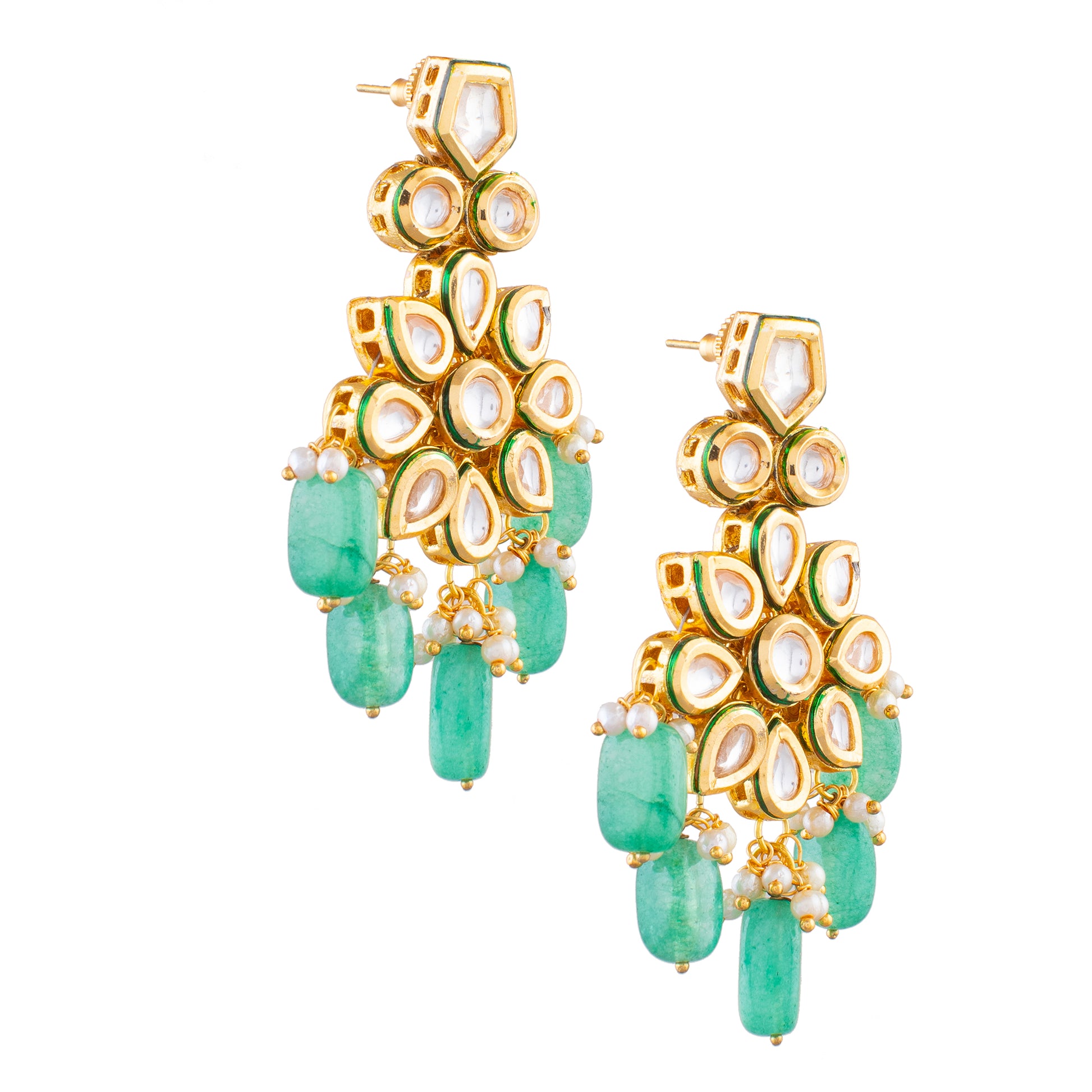 Handcrafted Kundan Floral Earrings with Green Beads