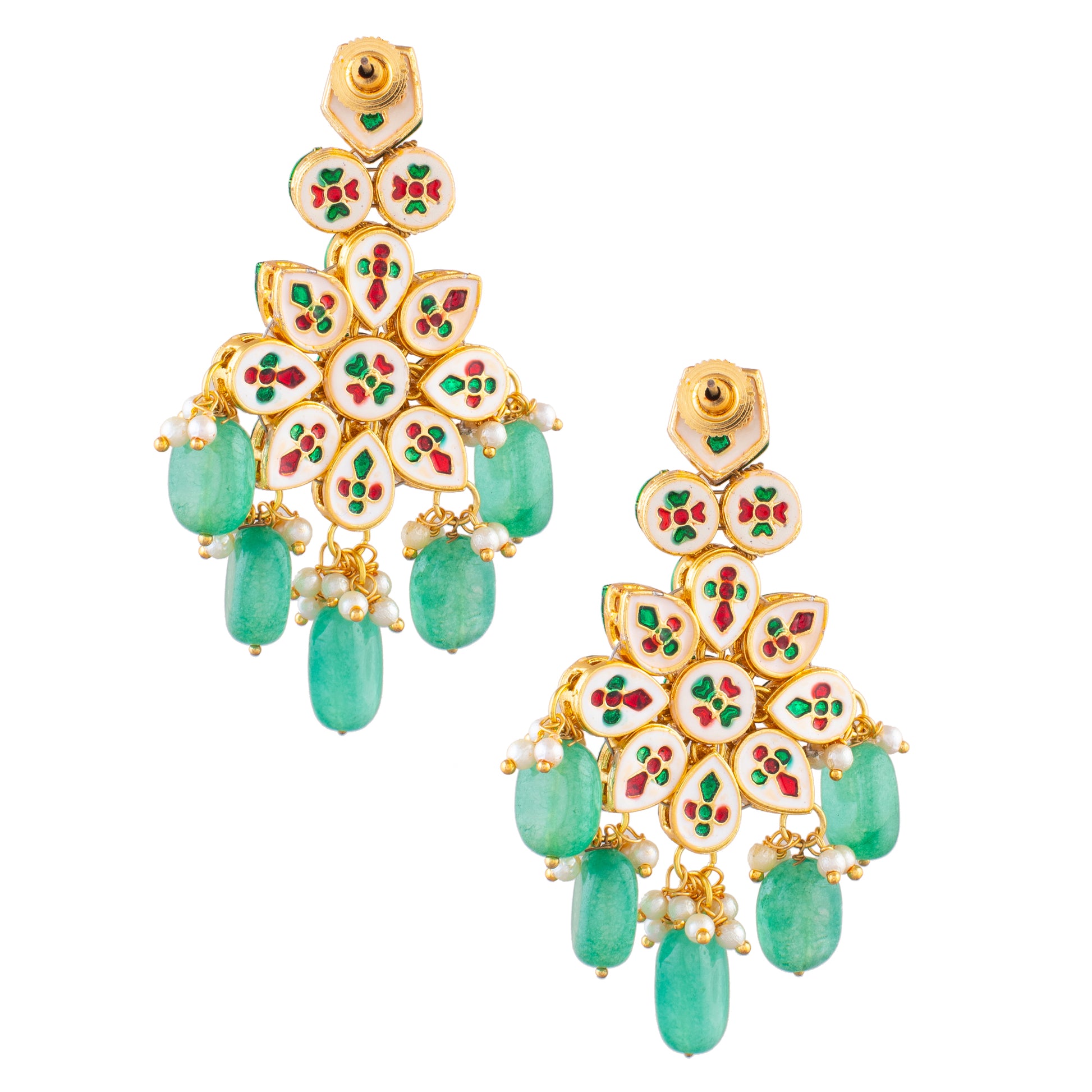 Handcrafted Kundan Floral Earrings with Green Beads