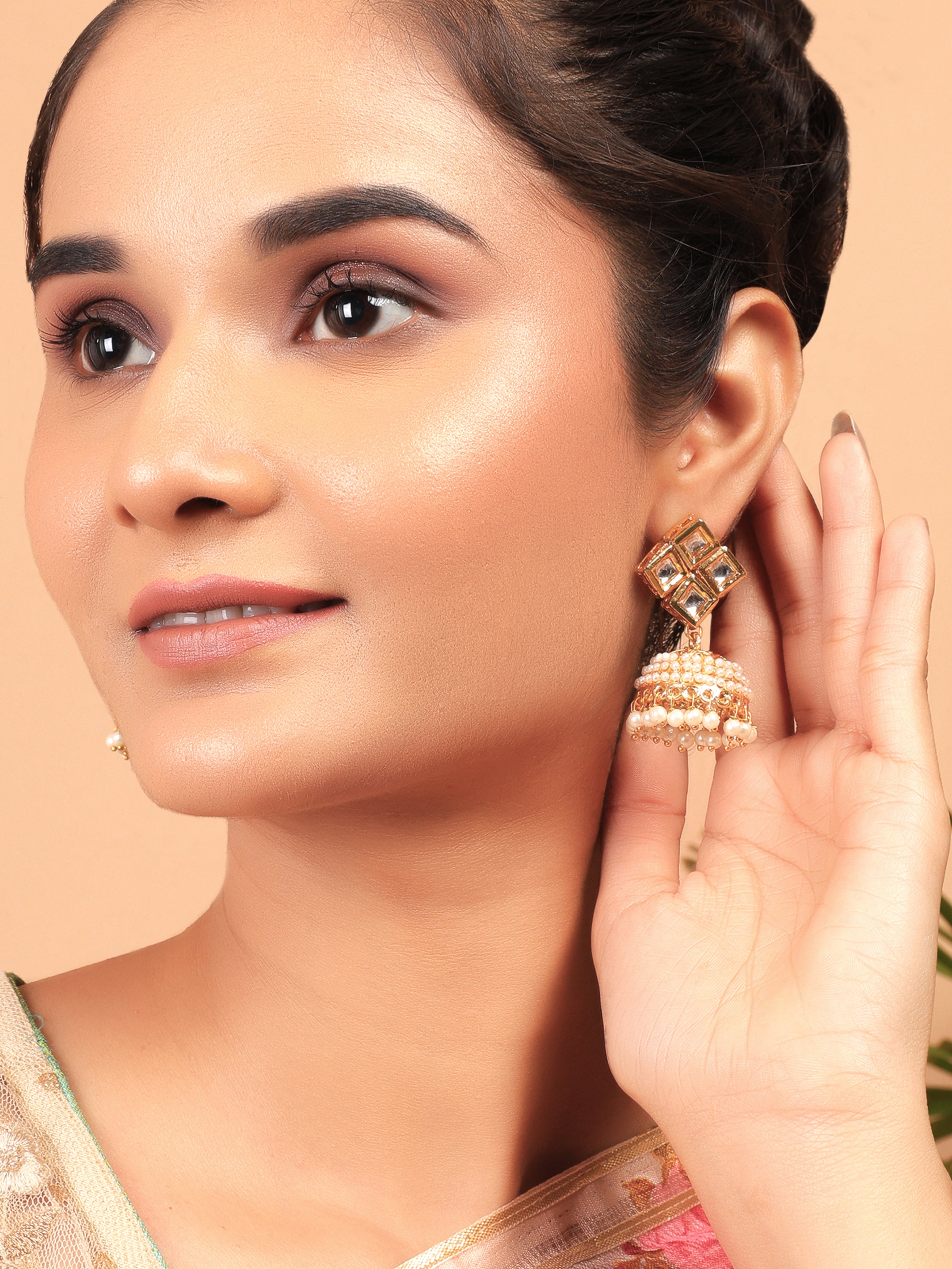 Gold-toned Kundan Square Stud Jhumka Earrings with Pearls