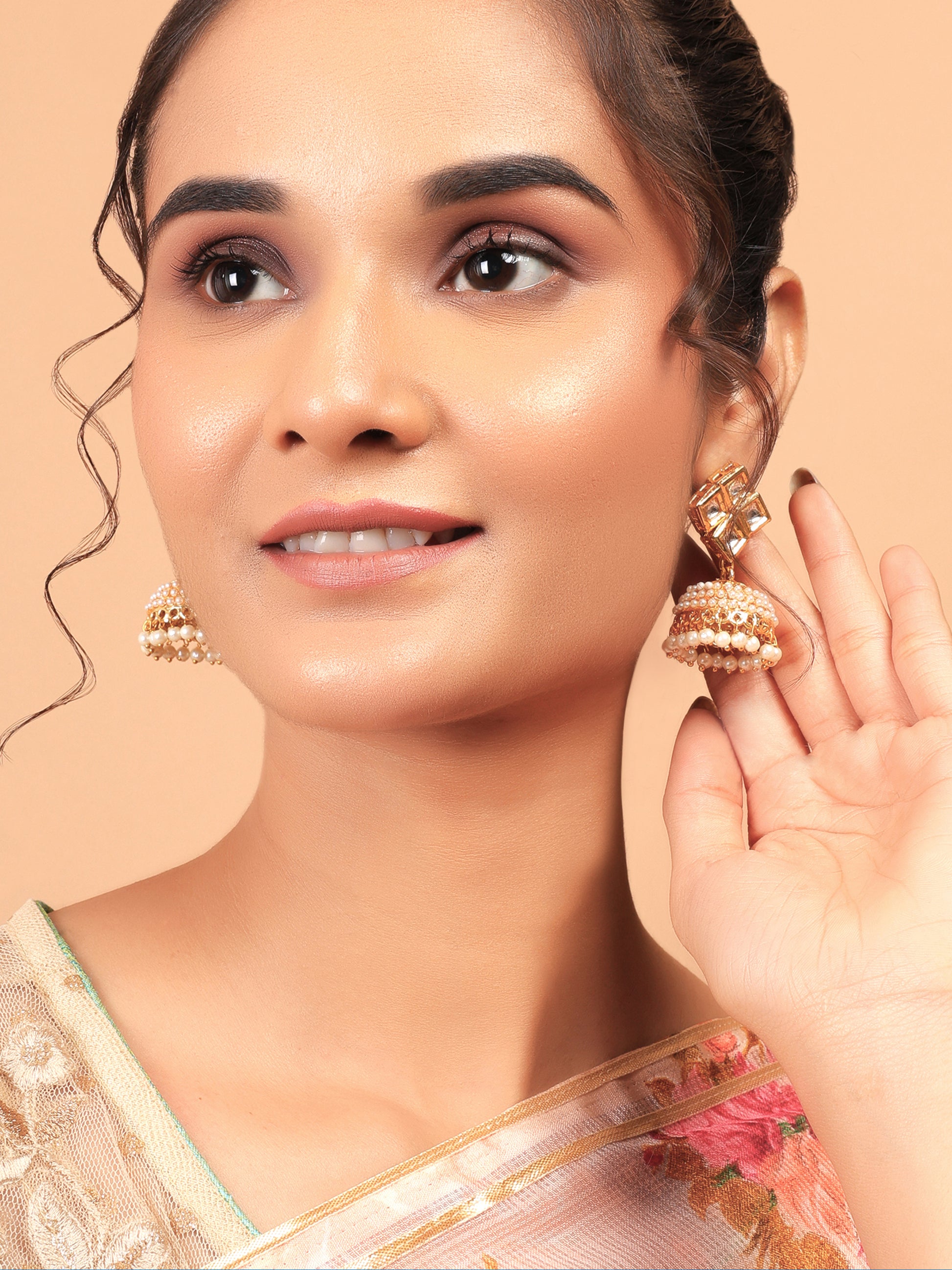 Gold-toned Kundan Square Stud Jhumka Earrings with Pearls