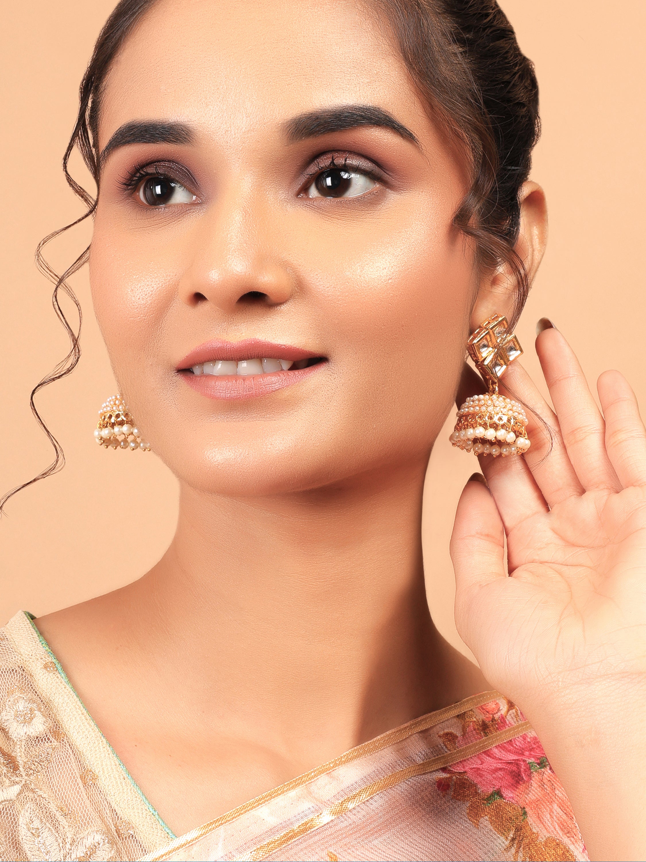 Gold-toned Kundan Square Stud Jhumka Earrings with Pearls