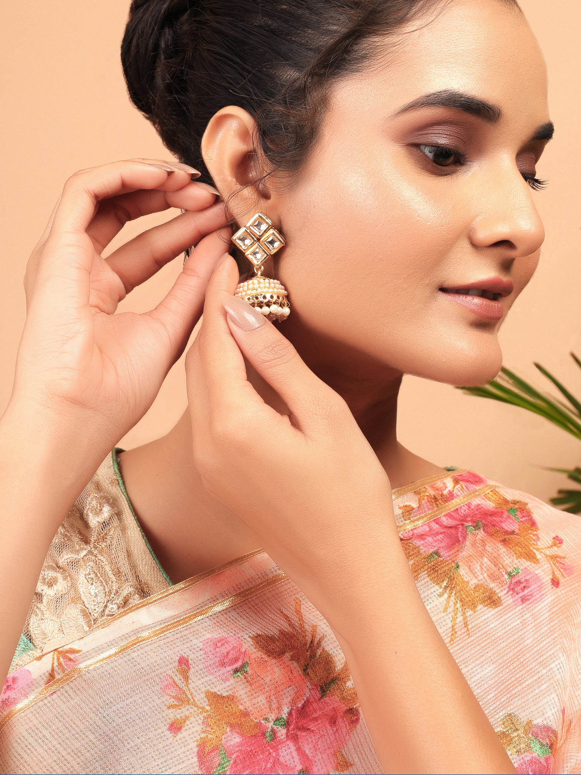 Gold-toned Kundan Square Stud Jhumka Earrings with Pearls