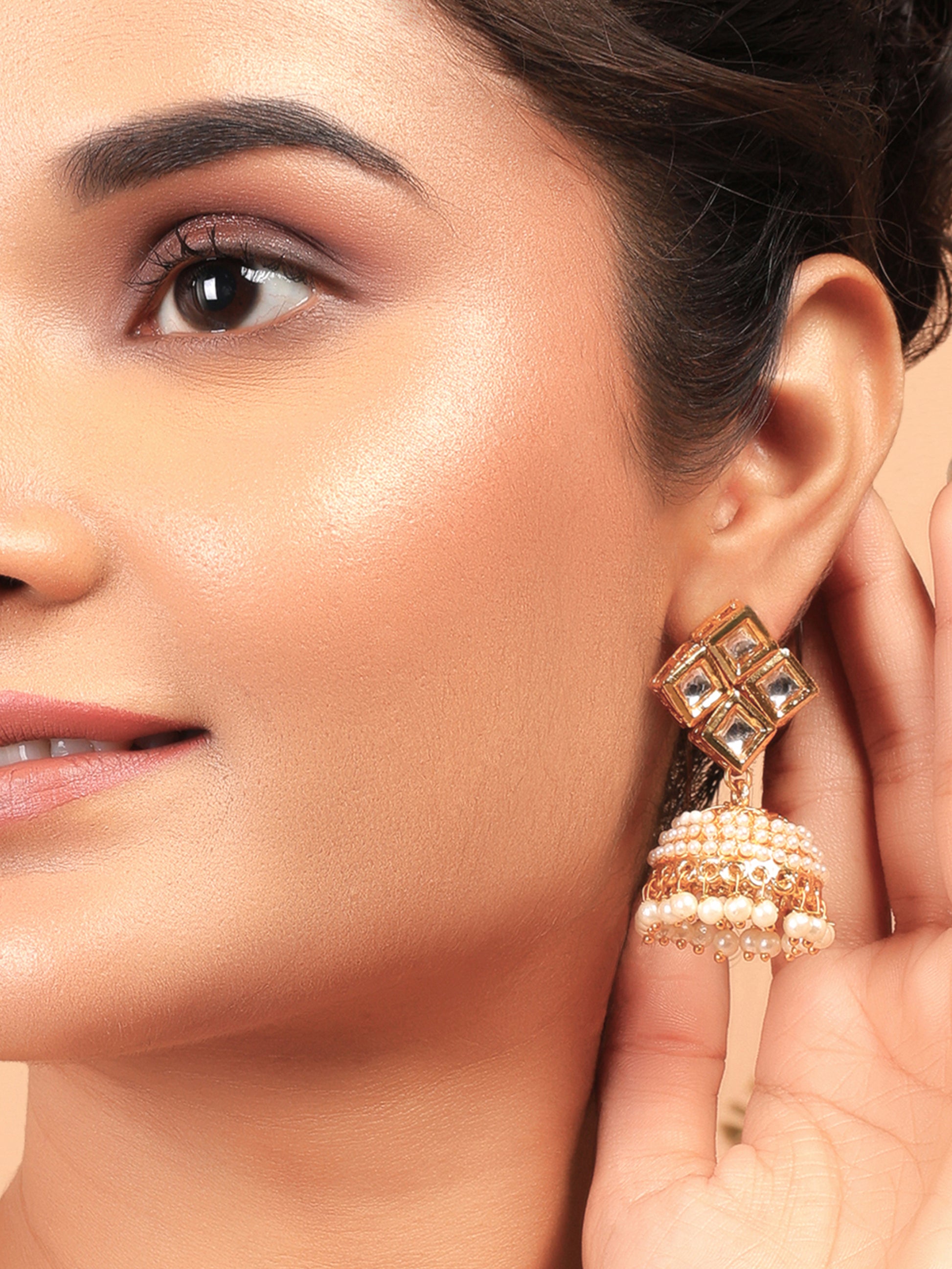 Gold-toned Kundan Square Stud Jhumka Earrings with Pearls