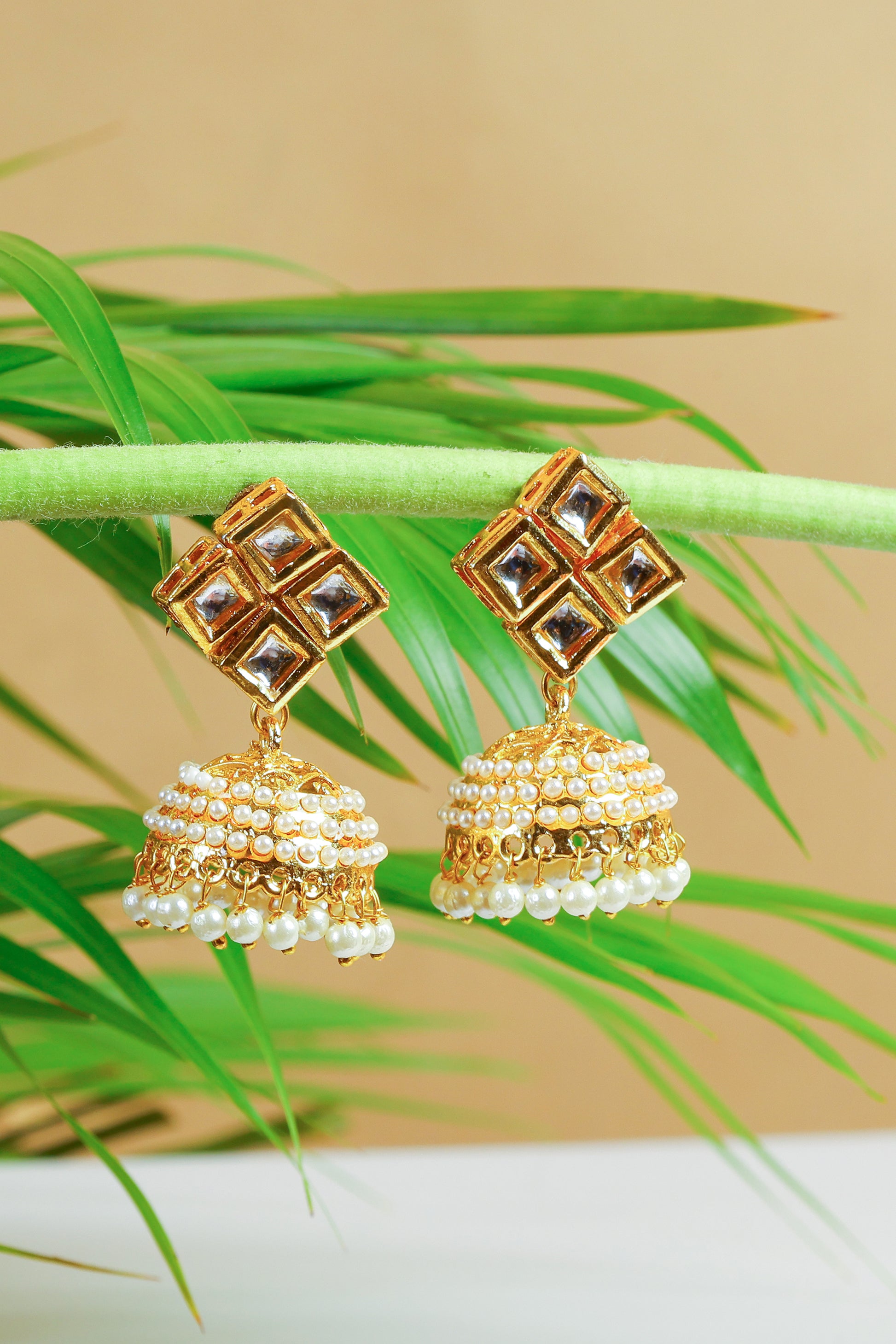 Gold-toned Kundan Square Stud Jhumka Earrings with Pearls