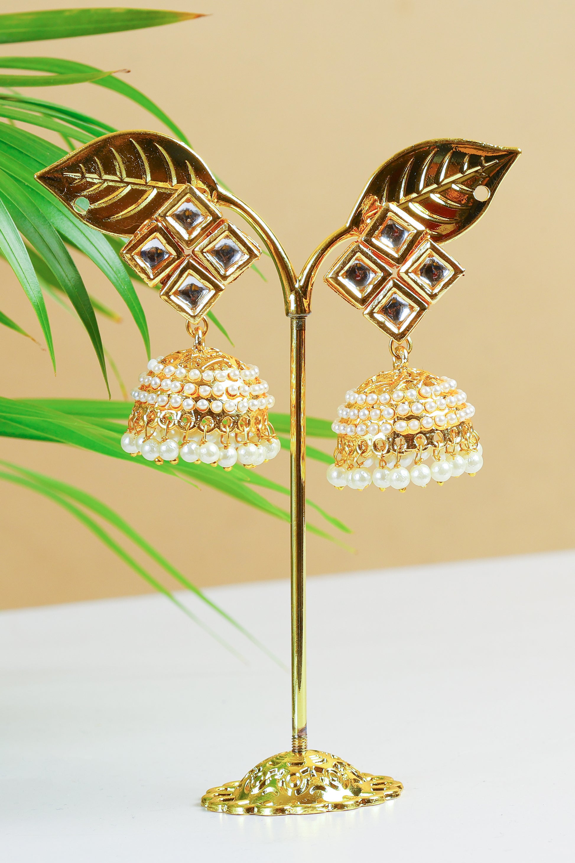 Gold-toned Kundan Square Stud Jhumka Earrings with Pearls
