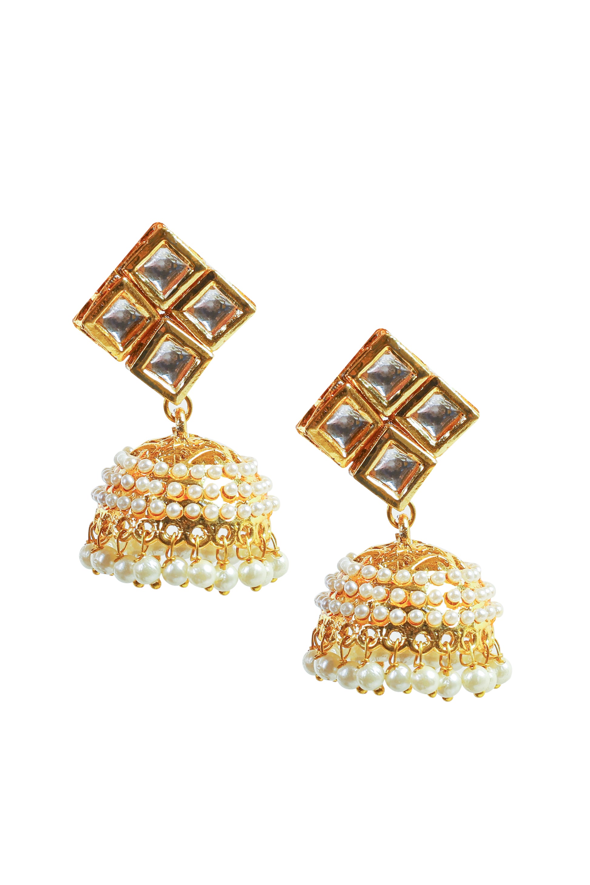 Gold-toned Kundan Square Stud Jhumka Earrings with Pearls