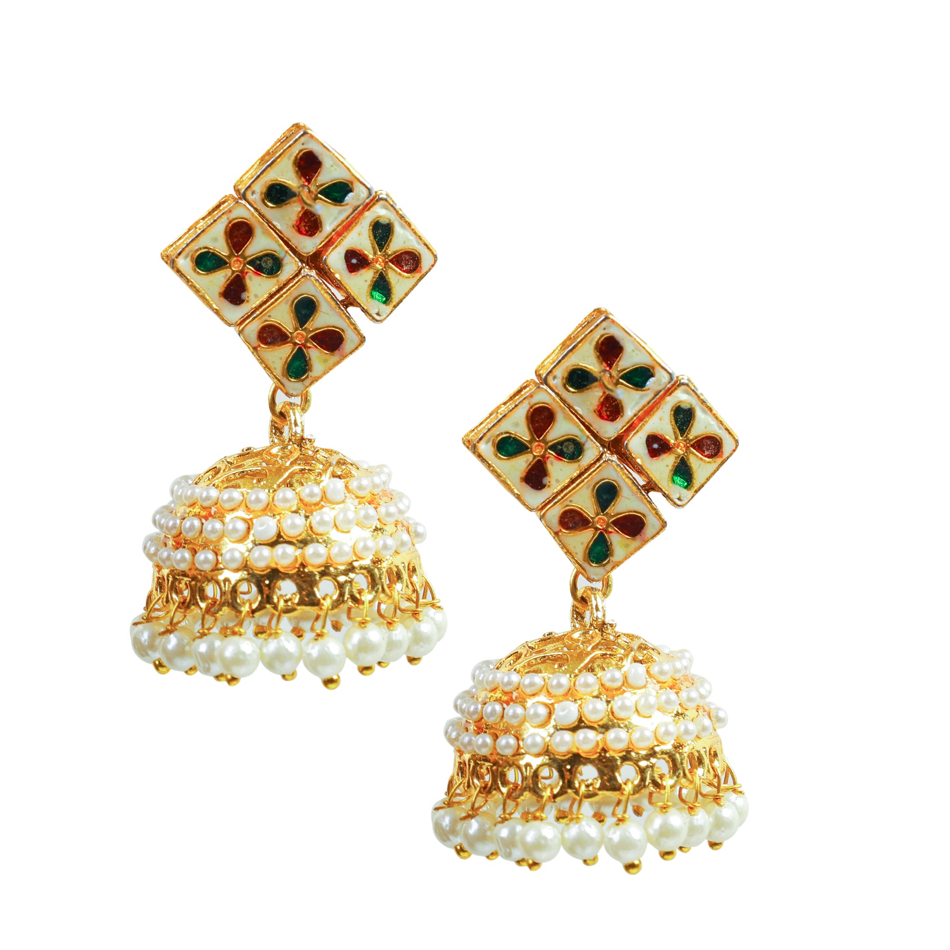Gold-toned Kundan Square Stud Jhumka Earrings with Pearls