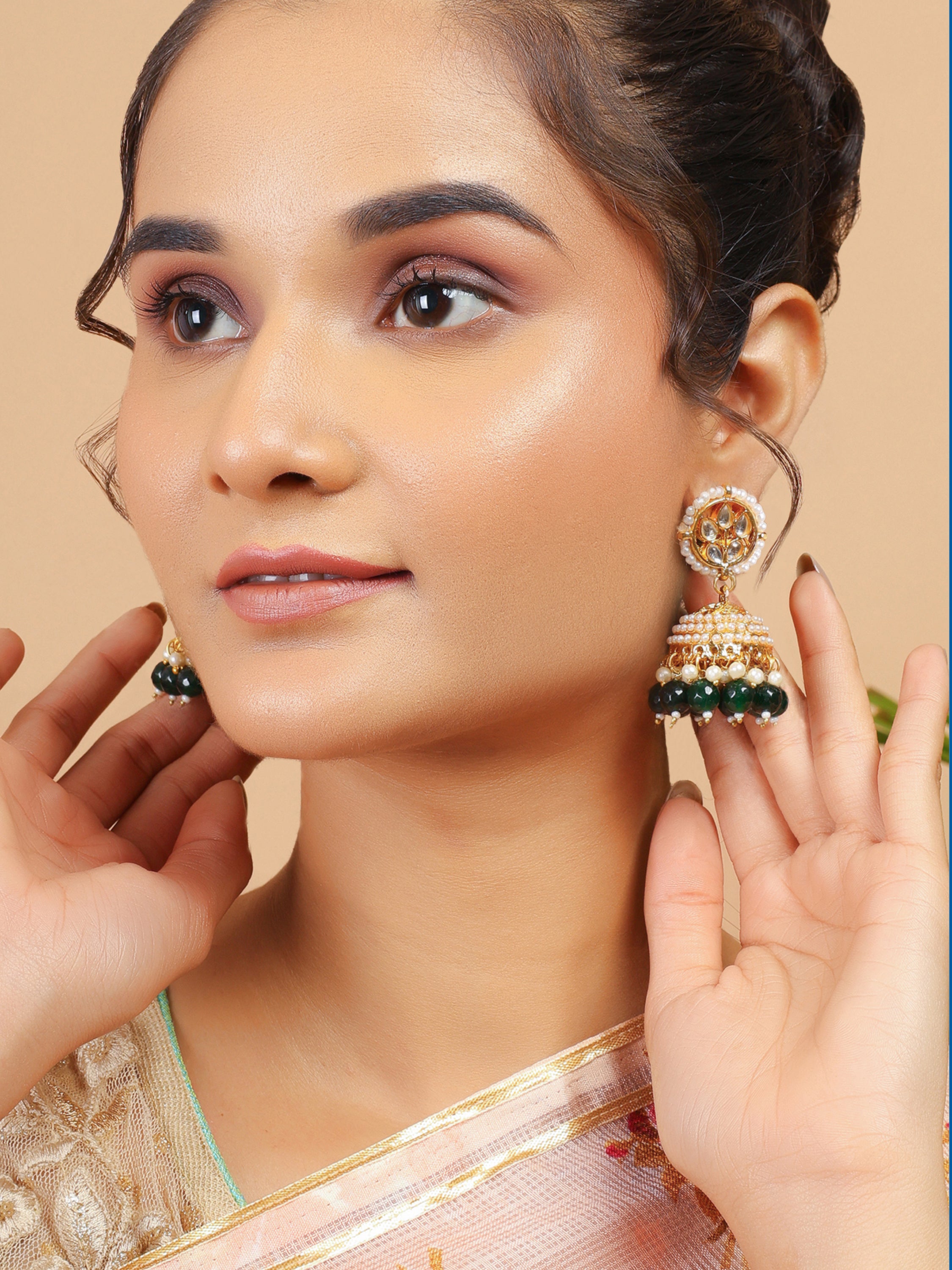 Kundan Jhumka Earrings with Green Beads & Pearl