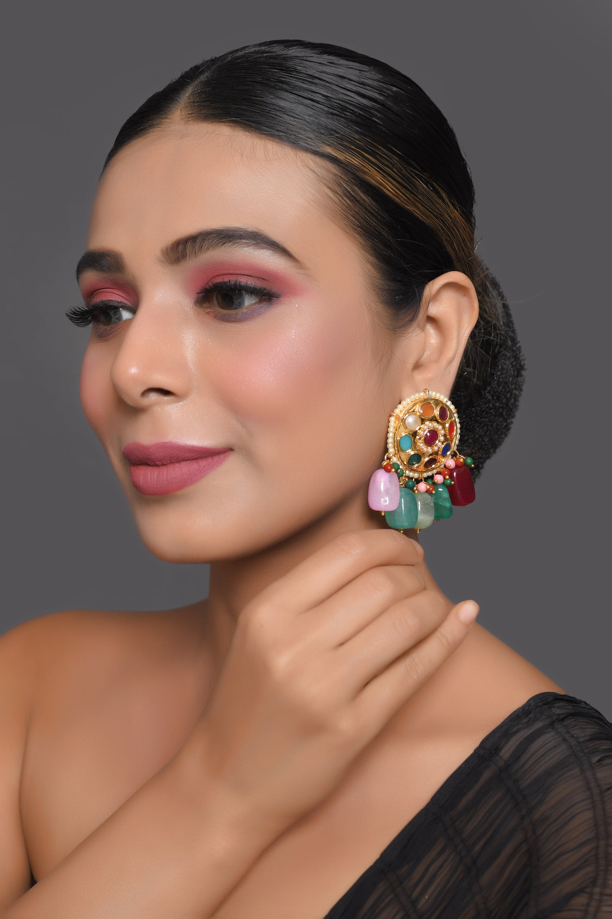 Gold-toned Navratna Kundan Earrings