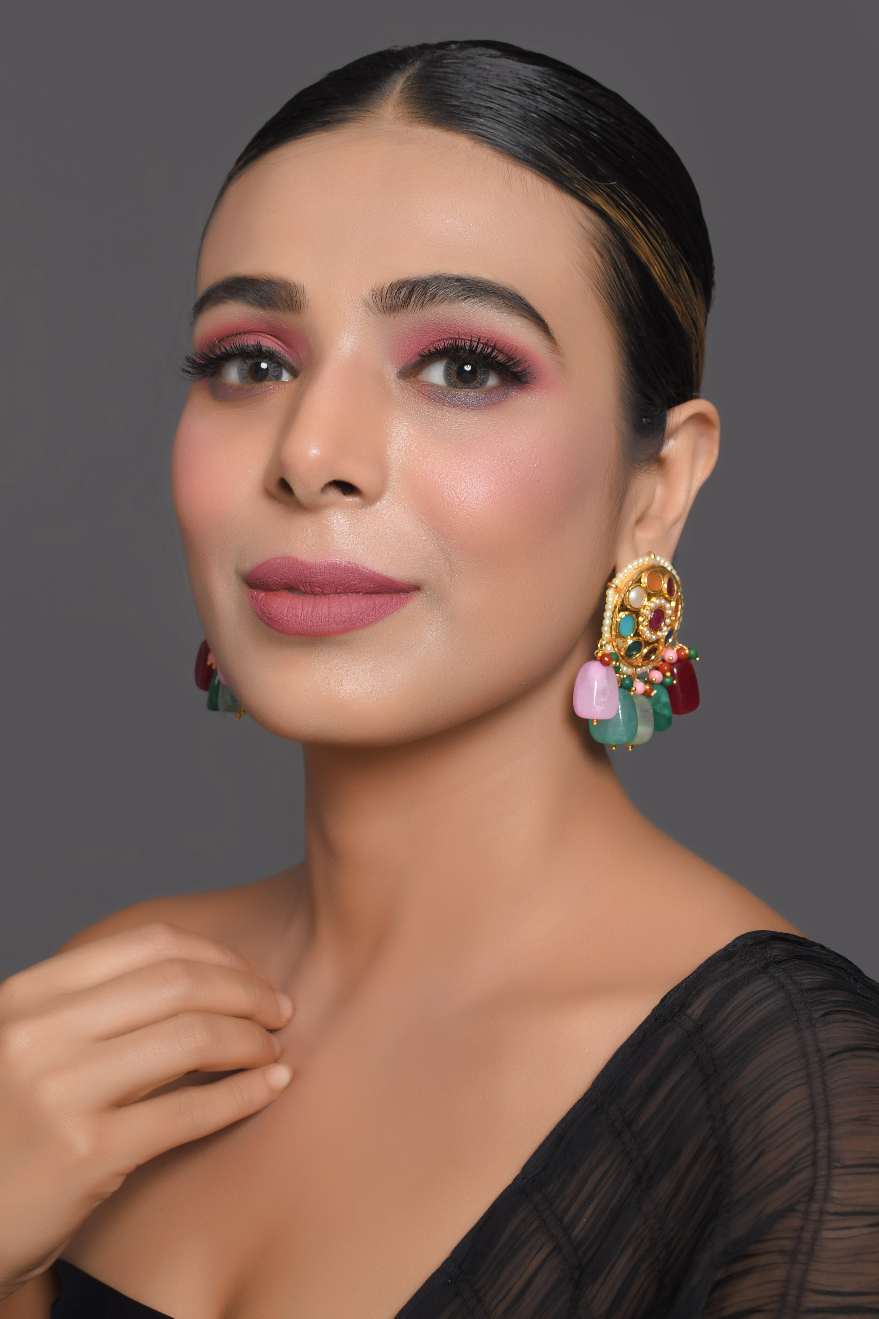 Gold-toned Navratna Kundan Earrings