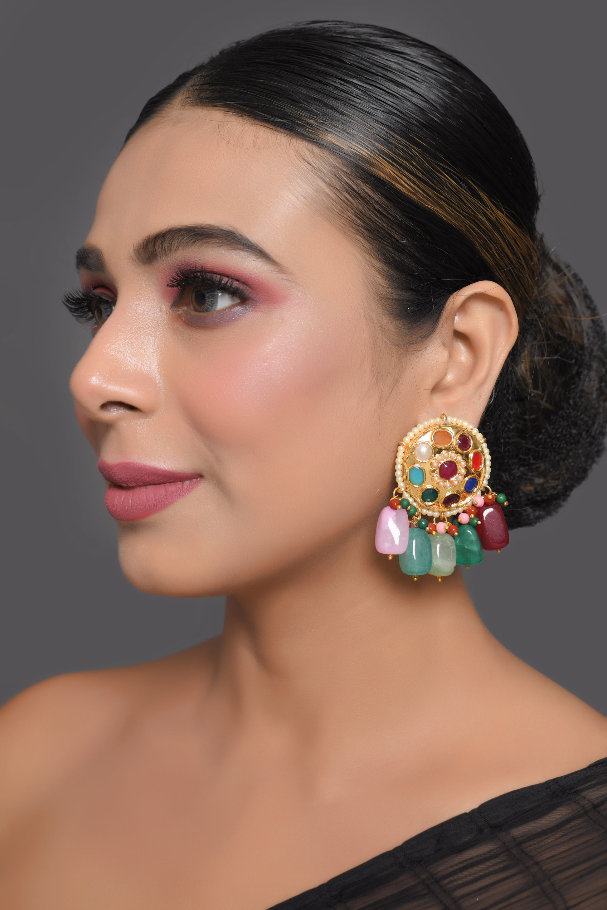 Gold-toned Navratna Kundan Earrings