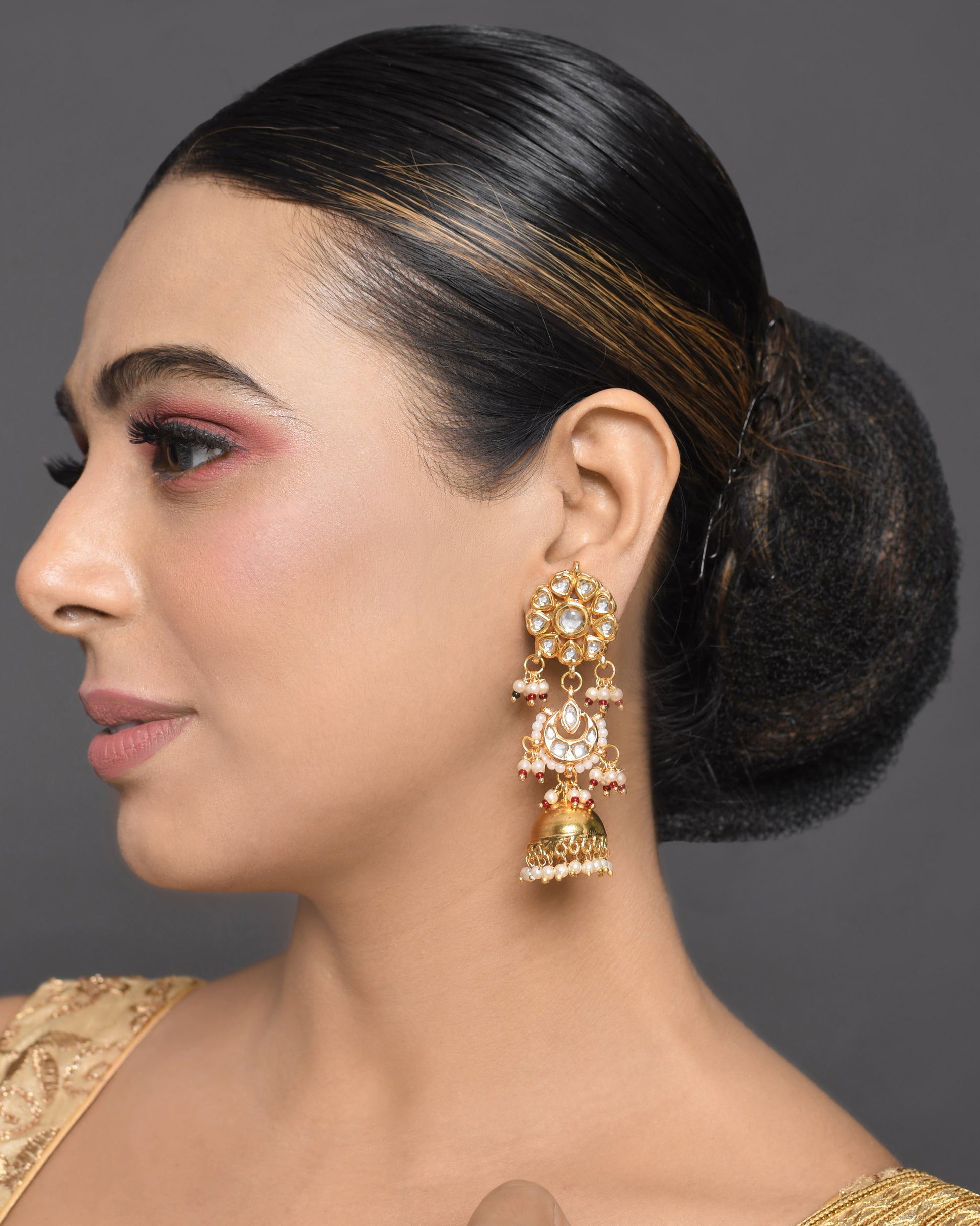 Gold-toned Kundan Pearl Jhumka Earrings