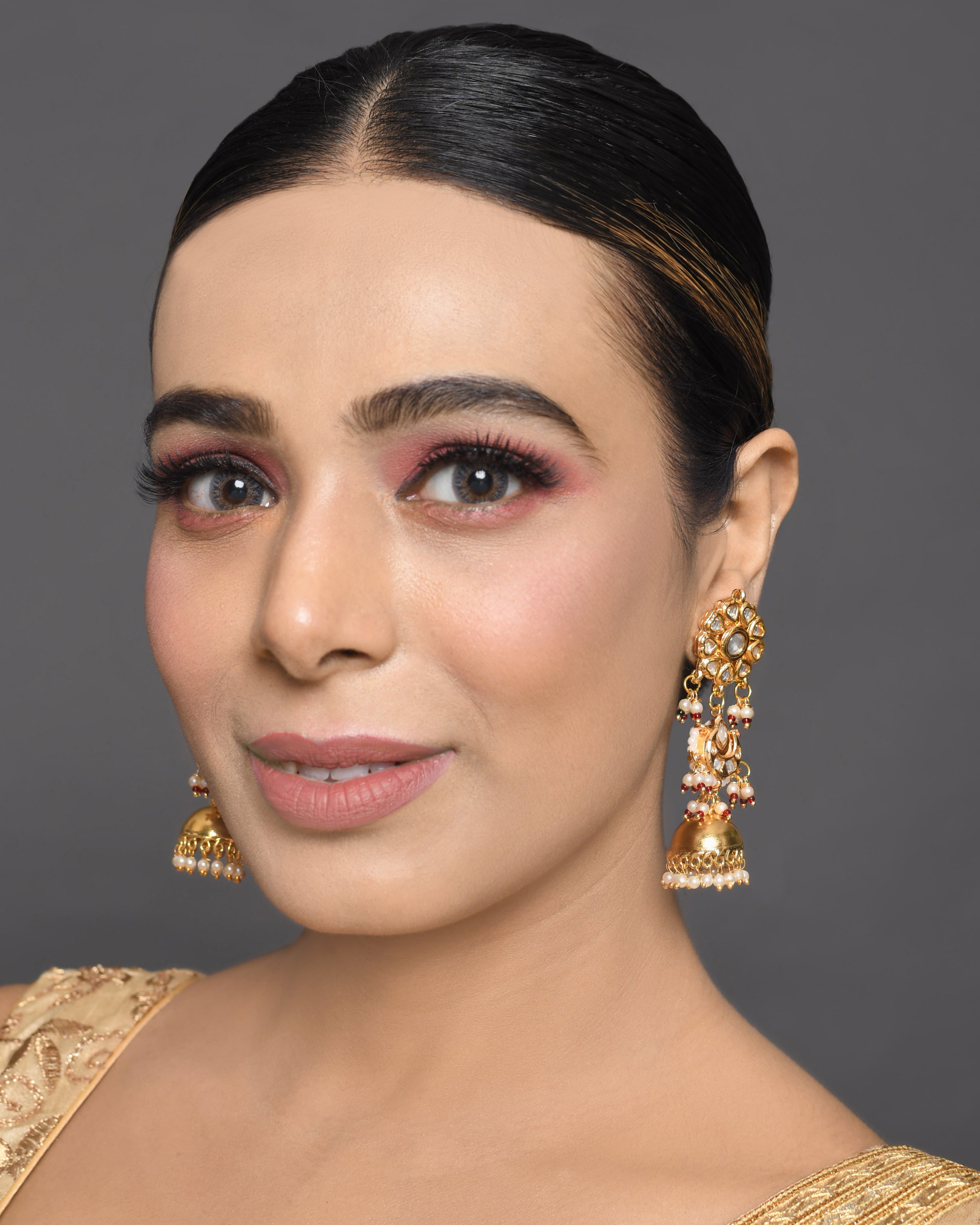 Gold-toned Kundan Pearl Jhumka Earrings