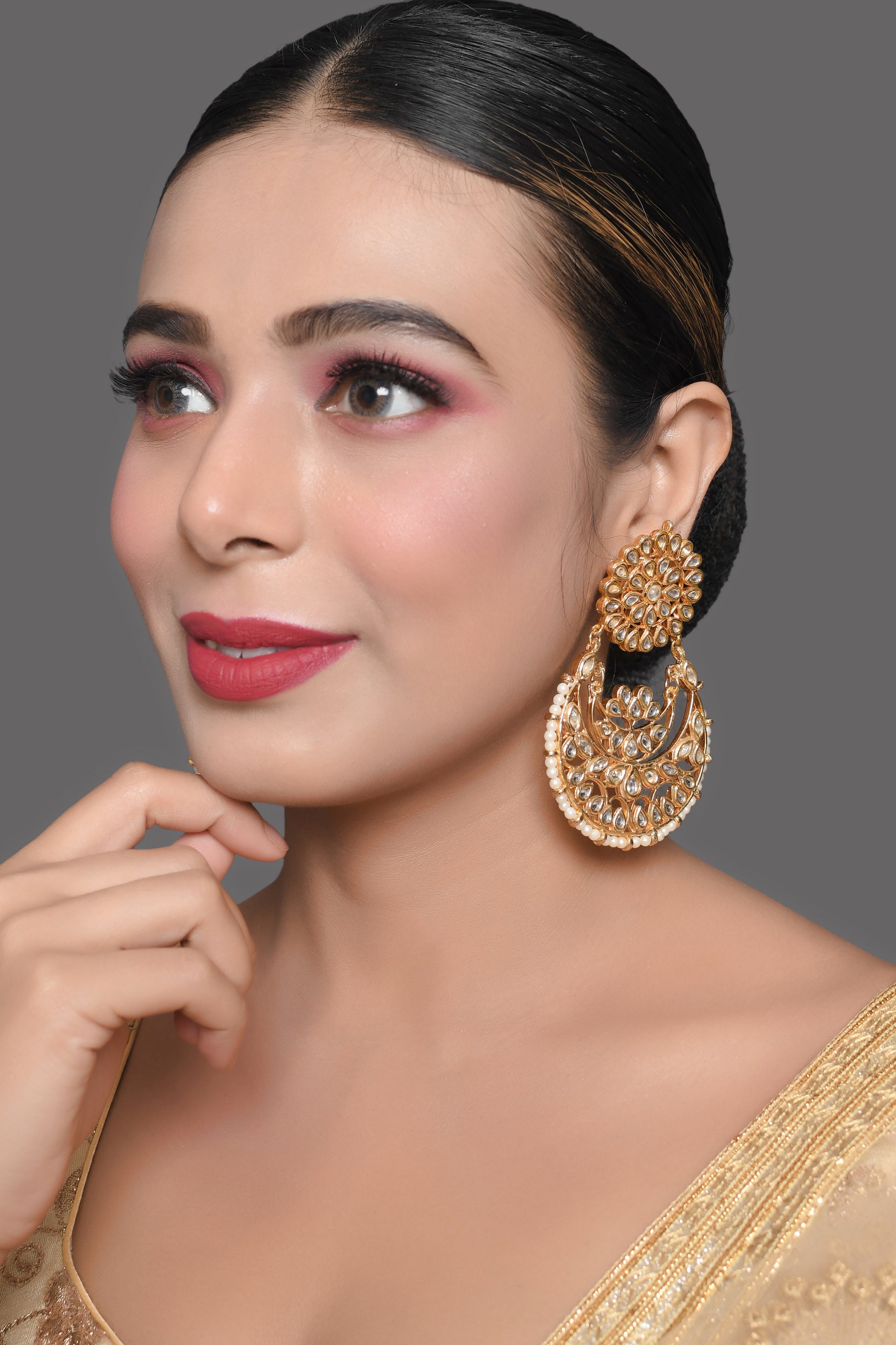 Kundan Chandbali Earrings with Pearl Drops