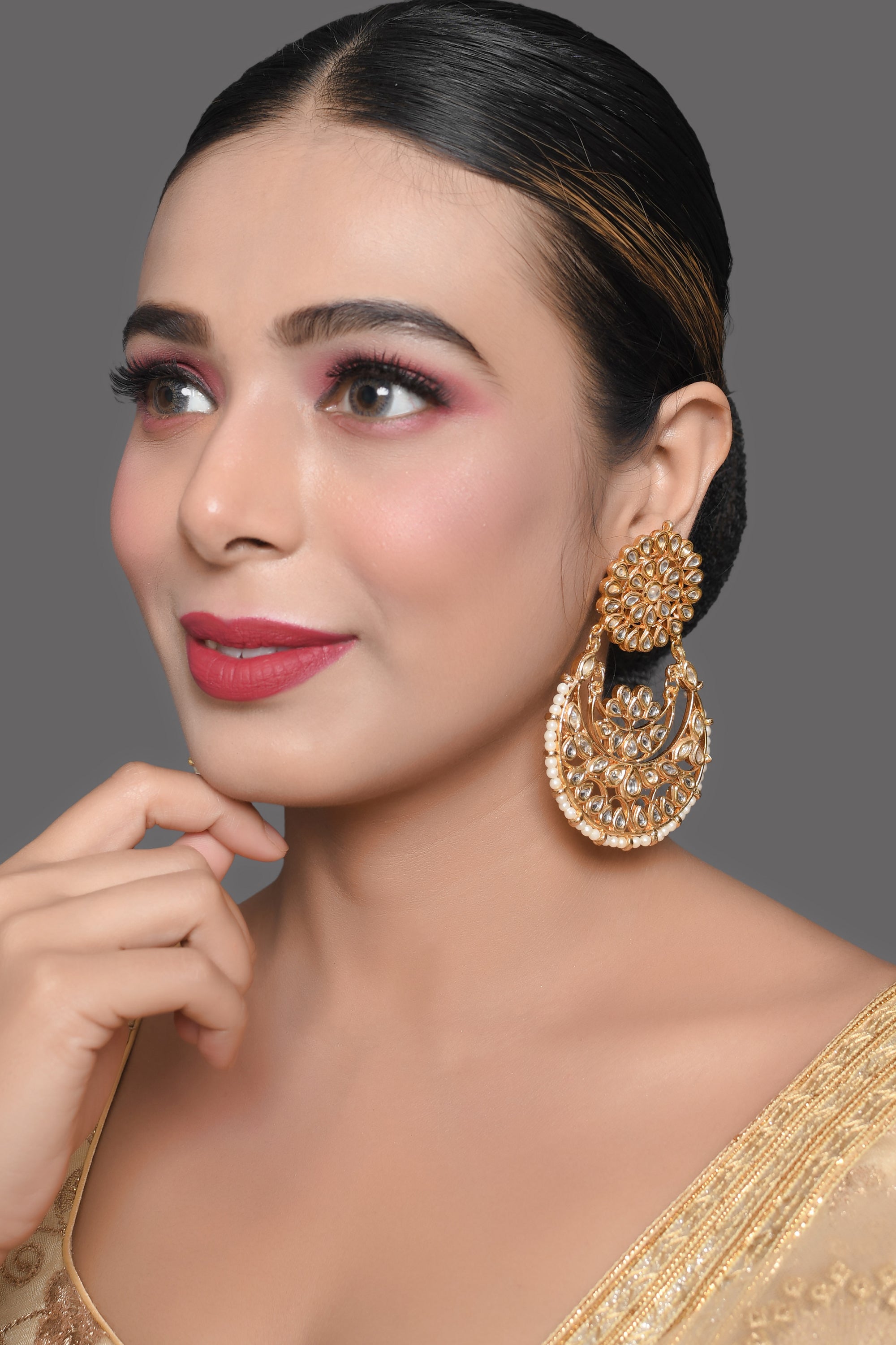 Kundan Chandbali Earrings with Pearl Drops