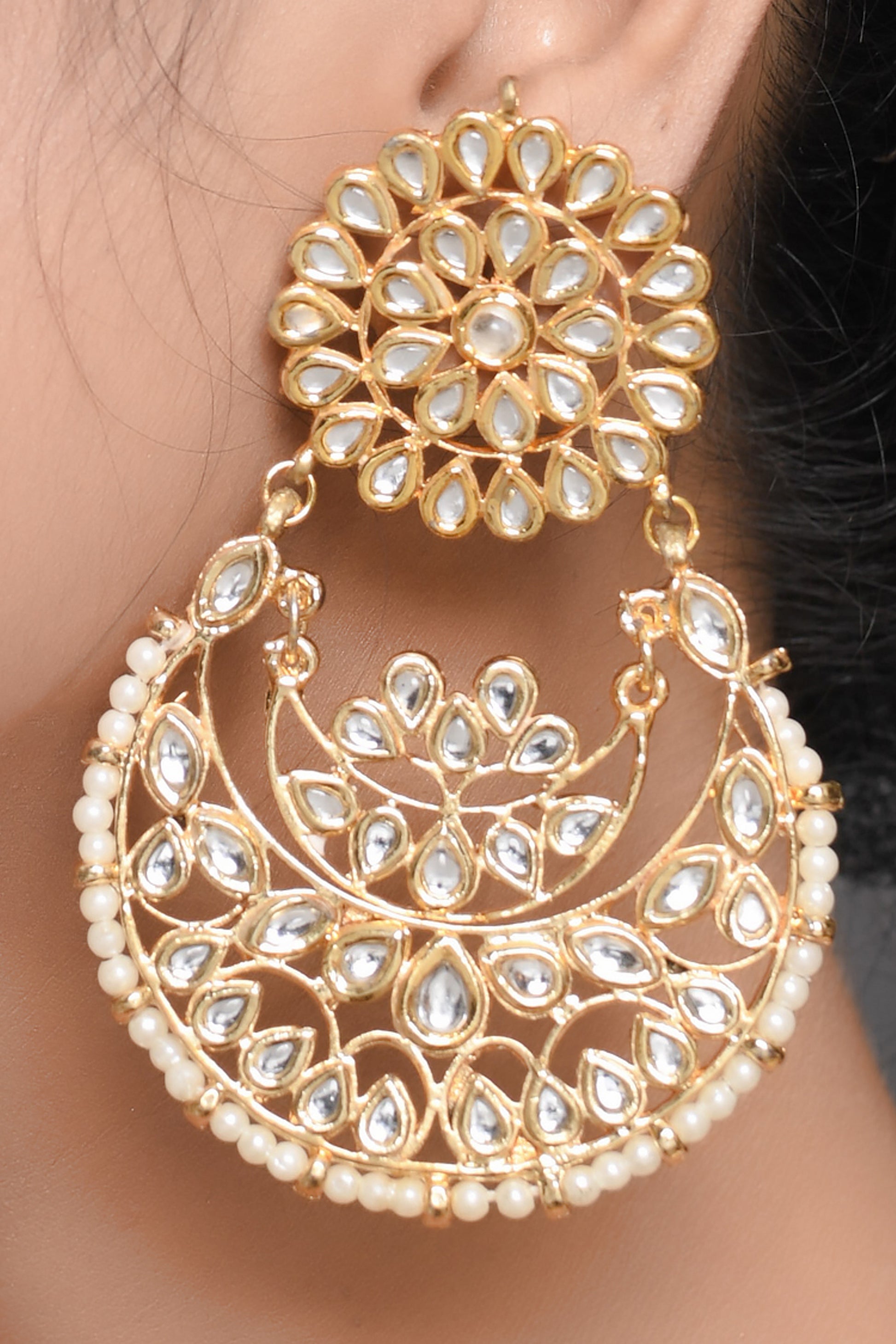 Kundan Chandbali Earrings with Pearl Drops
