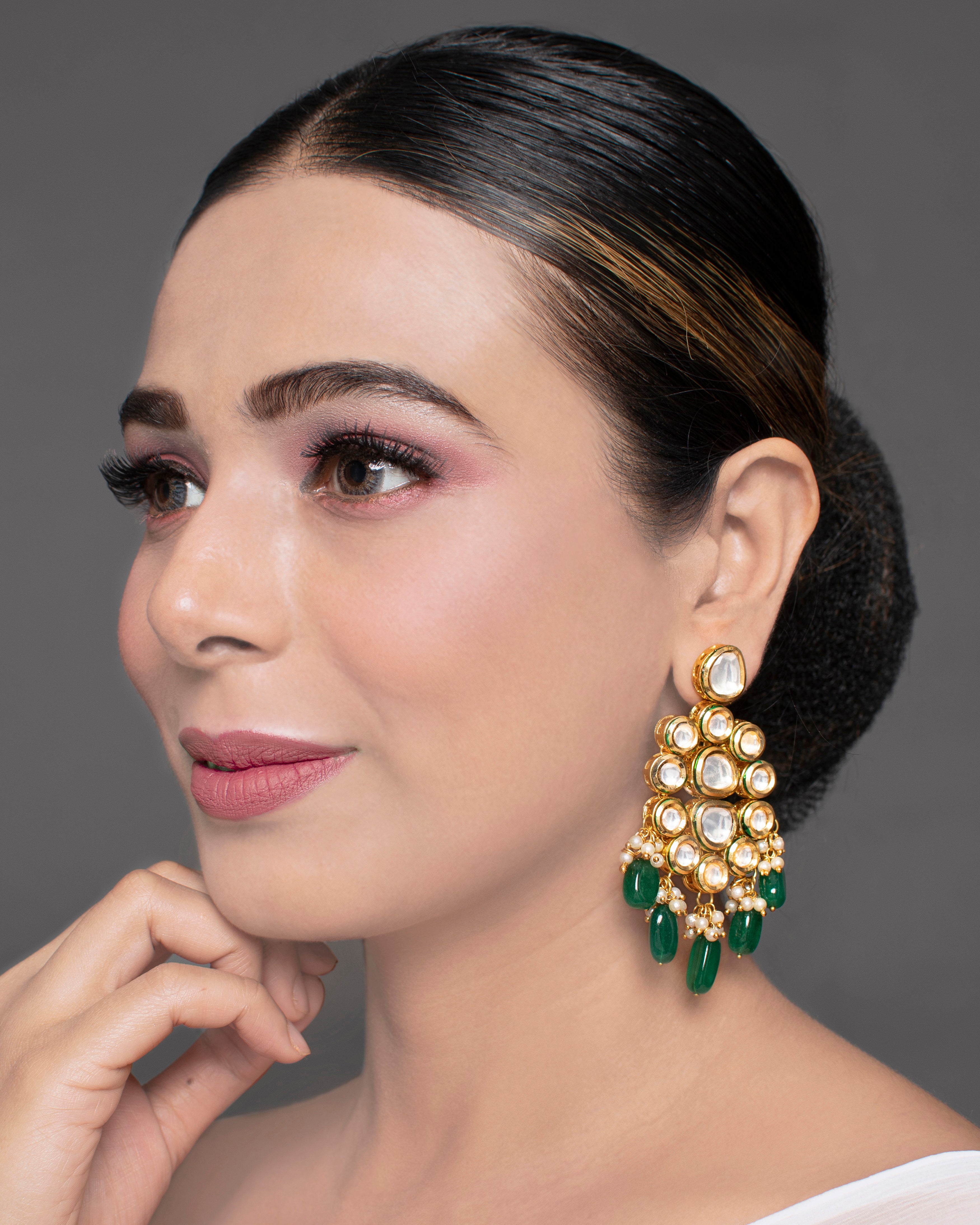 Handcrafted Kundan Dangler Earrings with Emerald Beads