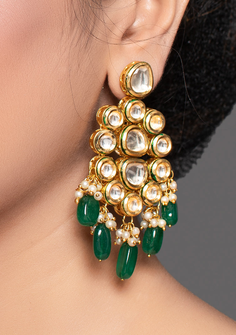 Handcrafted Kundan Dangler Earrings with Emerald Beads