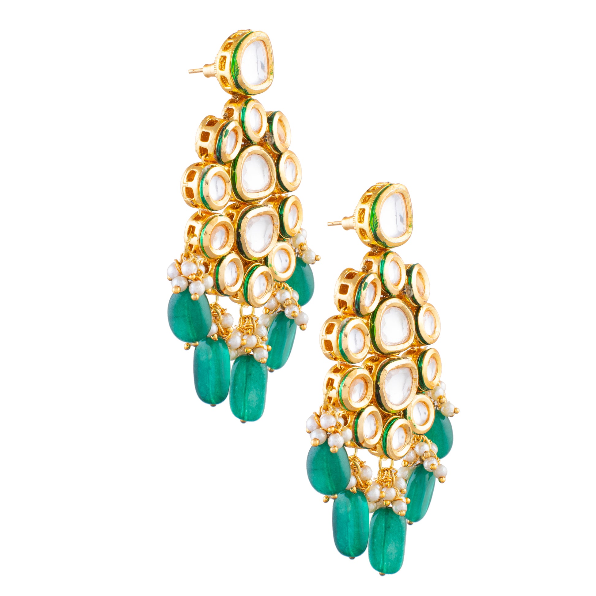 Handcrafted Kundan Dangler Earrings with Emerald Beads