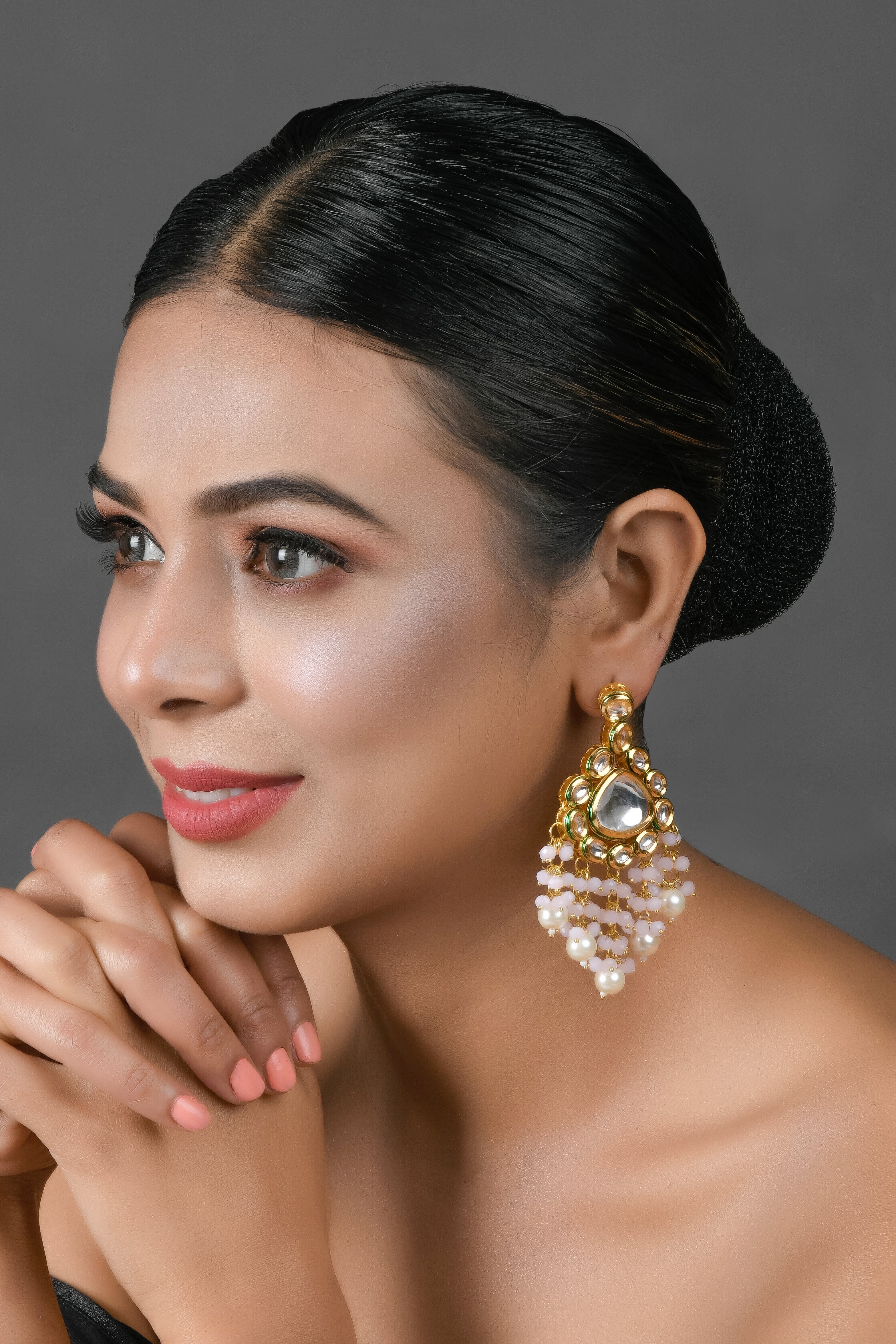 Handcrafted Kundan Drop Earrings with Pearl Bead Tassels