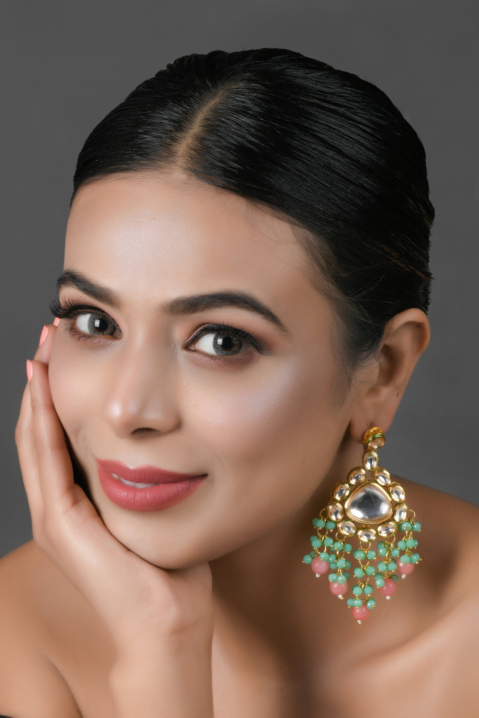 Handmade Kundan Statement Earrings with Green & Pink Beads