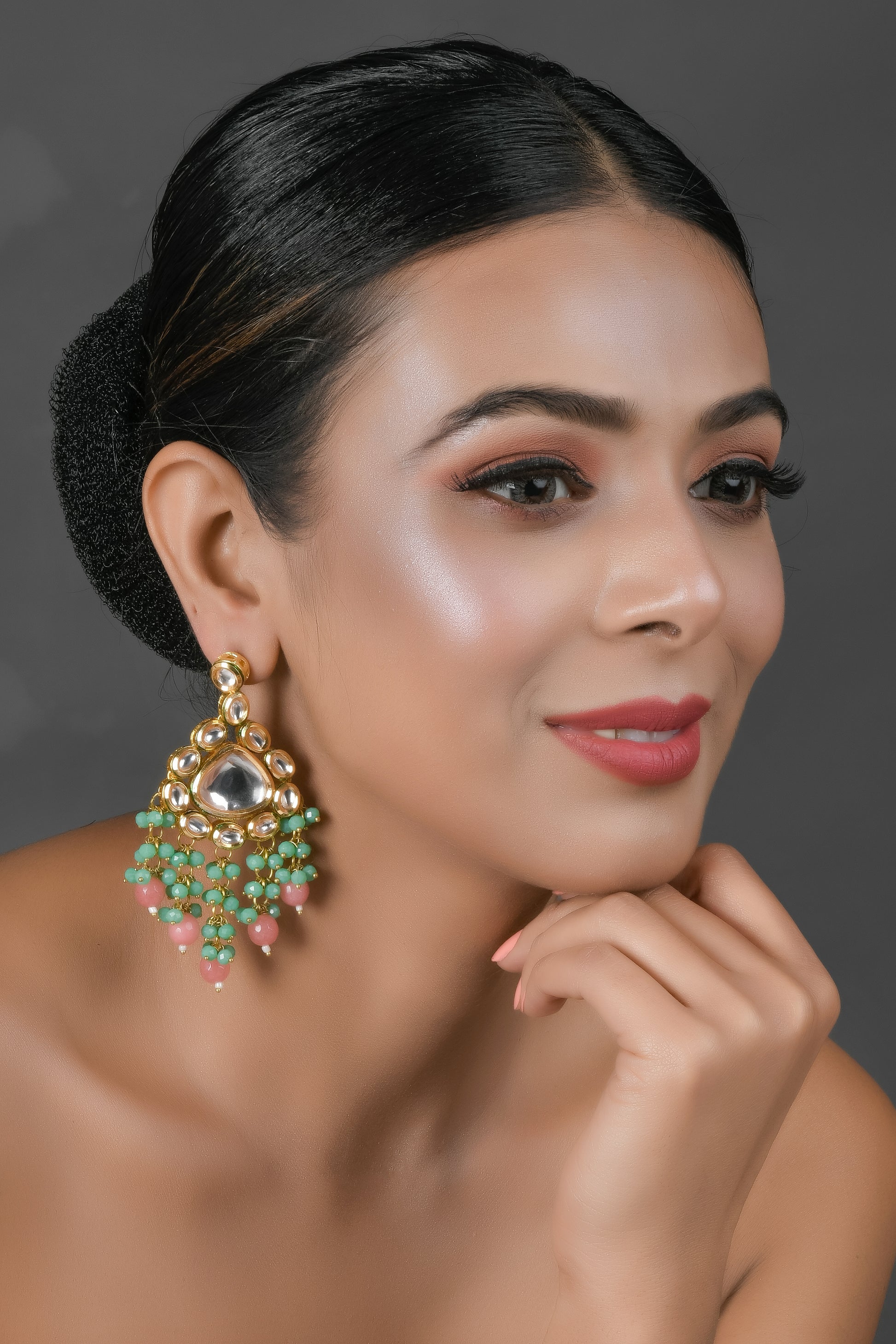 Handmade Kundan Statement Earrings with Green & Pink Beads