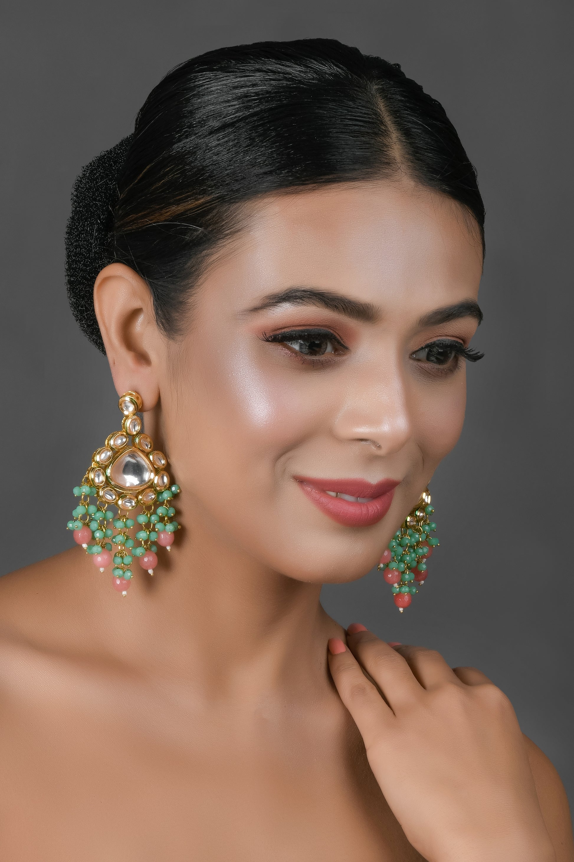 Handmade Kundan Statement Earrings with Green & Pink Beads