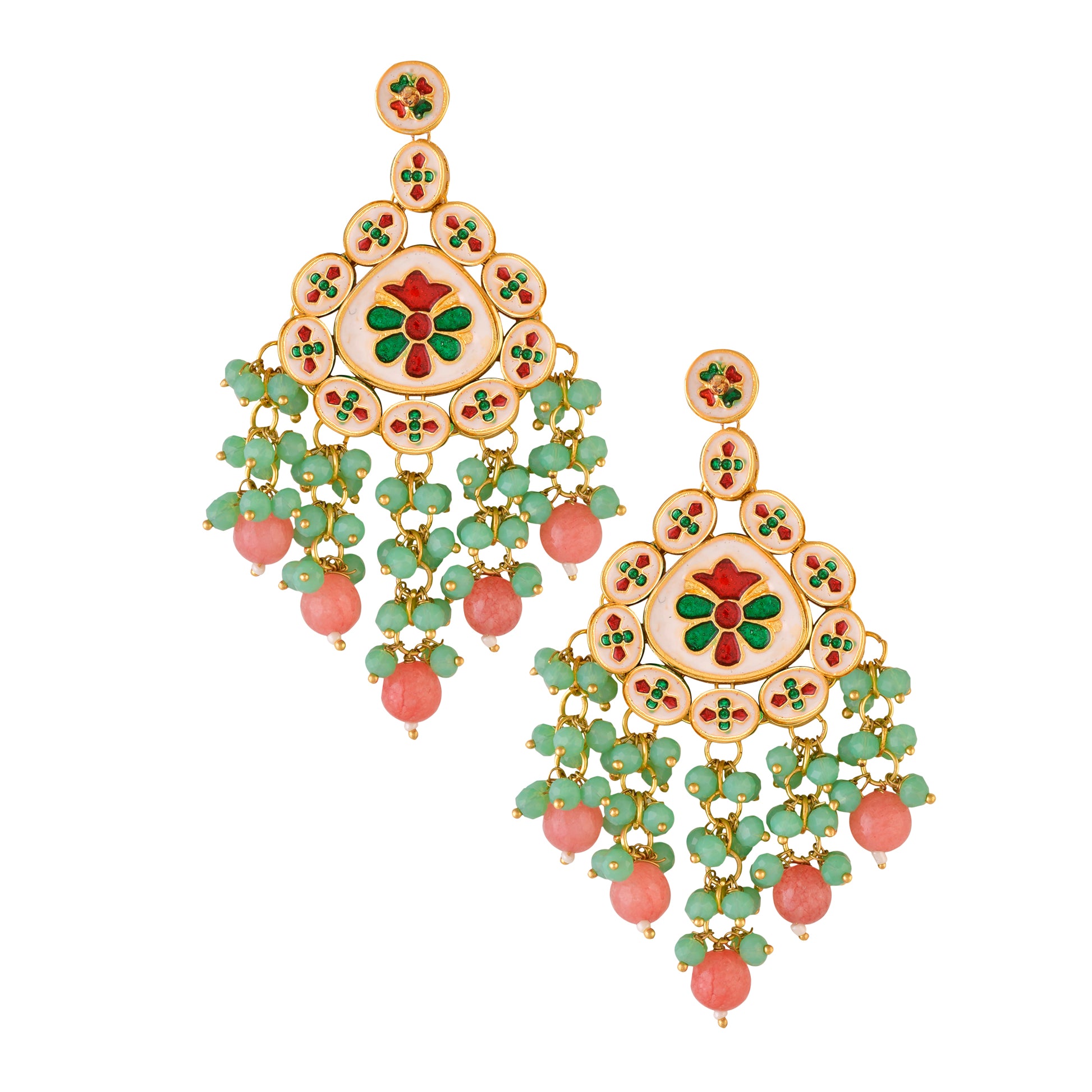 Handmade Kundan Statement Earrings with Green & Pink Beads