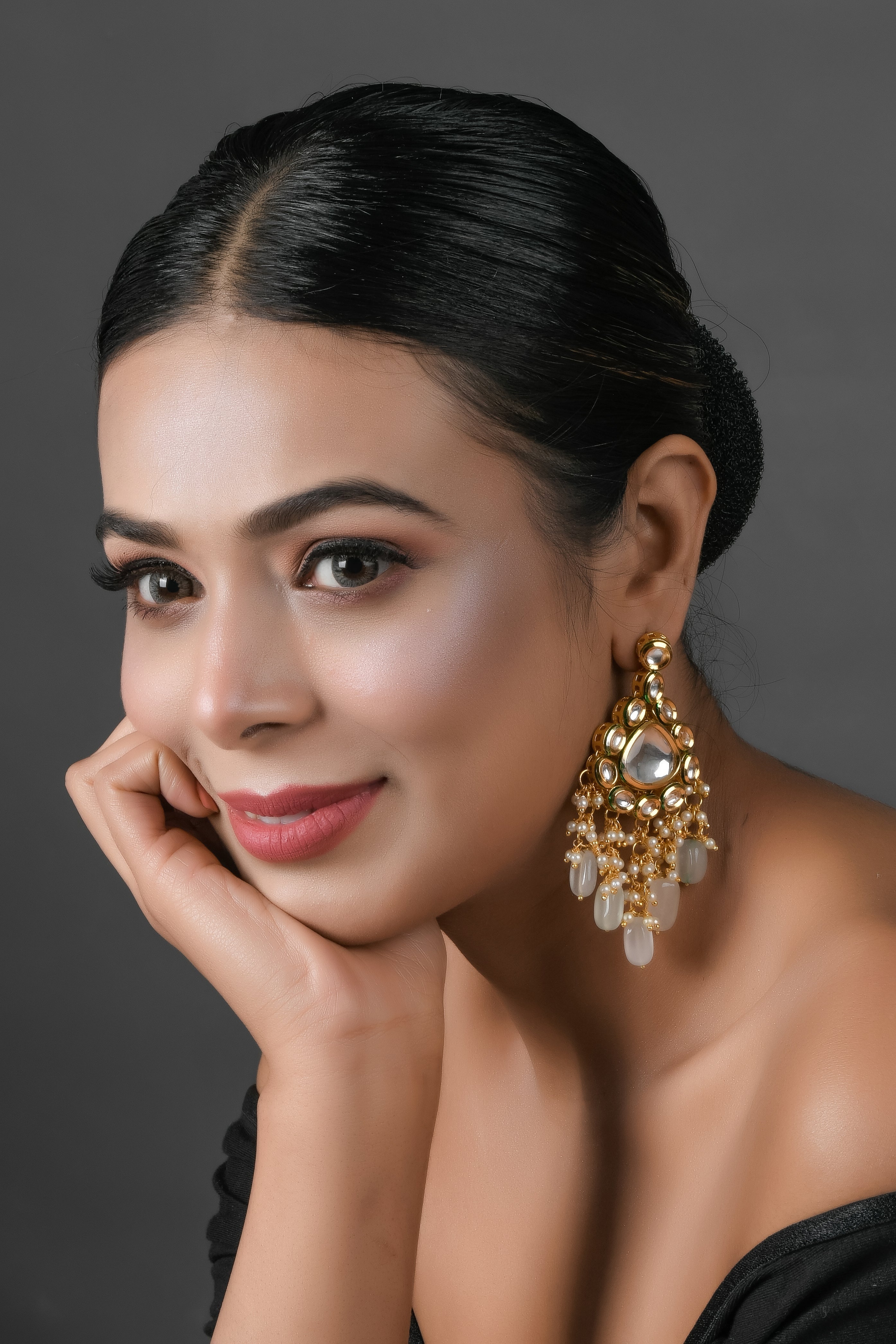 Handcrafted Kundan Earrings with Ivory Drop Beads