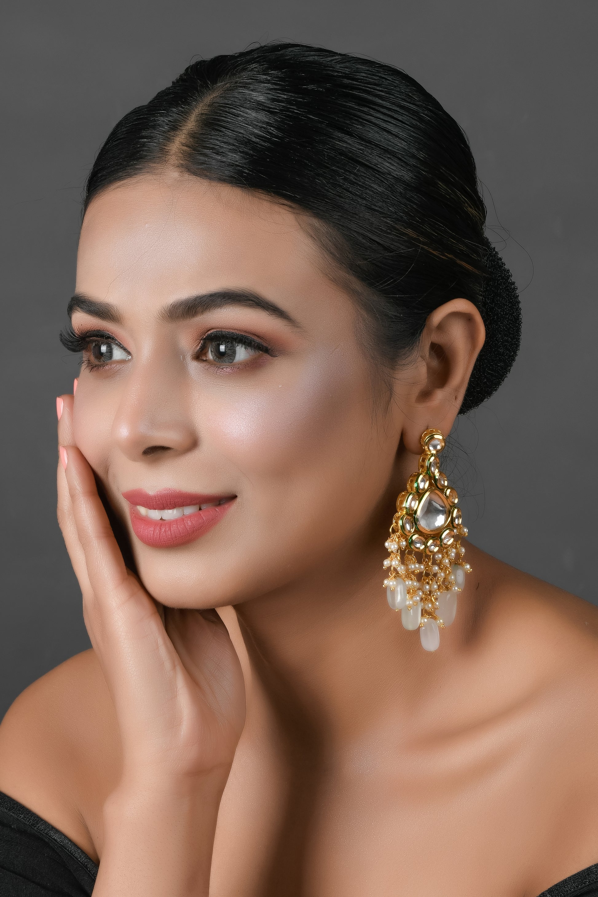 Handcrafted Kundan Earrings with Ivory Drop Beads