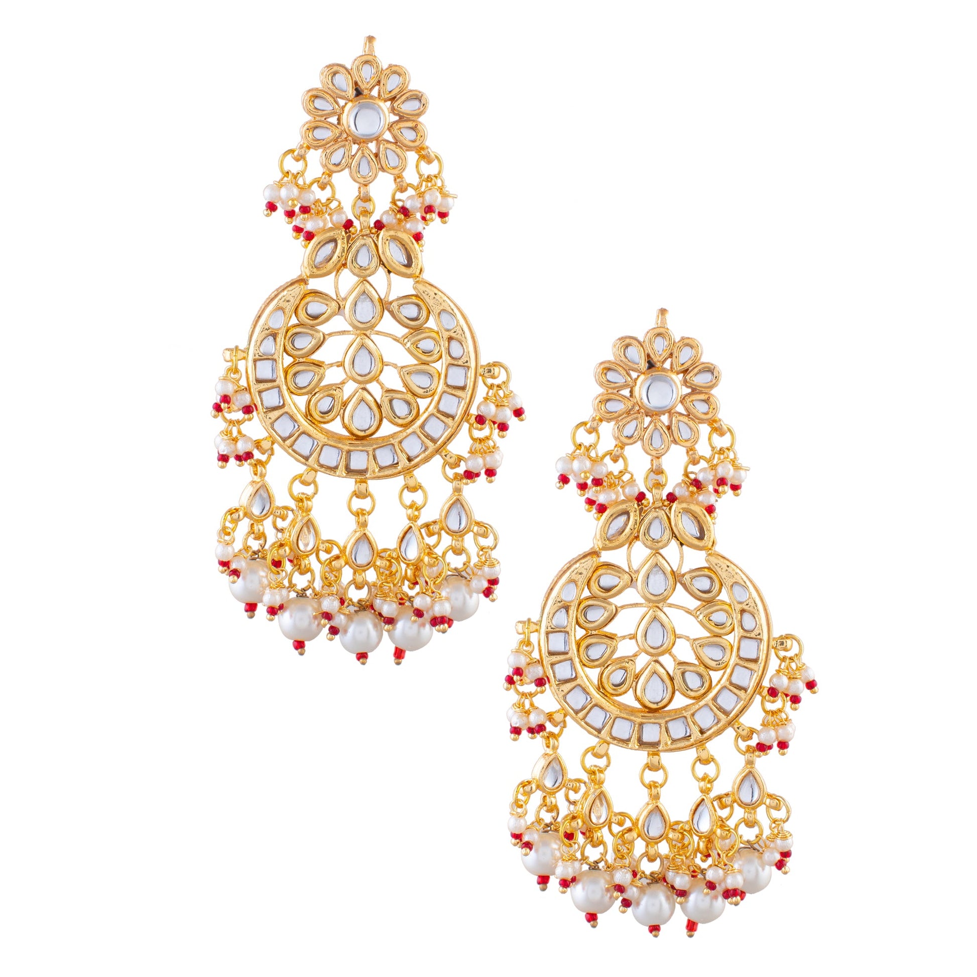 Gold and Red toned Kundan Crescent Shaped earring