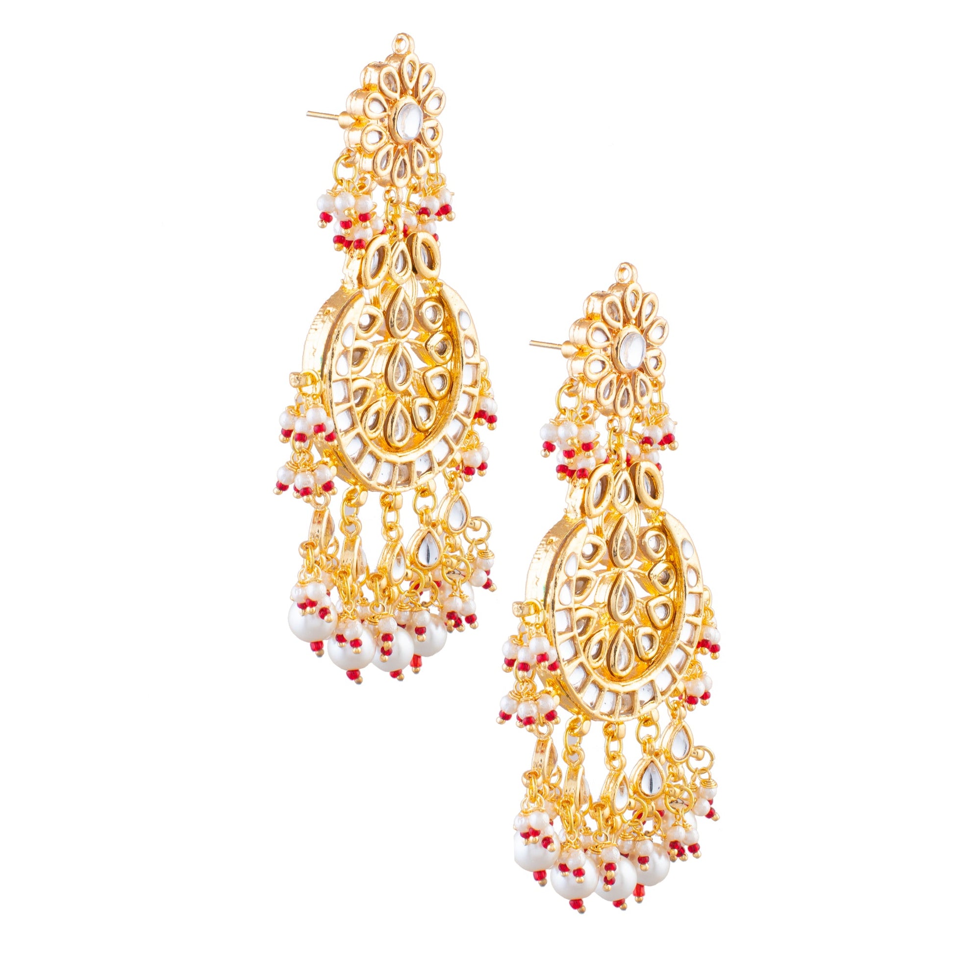 Gold and Red toned Kundan Crescent Shaped earring