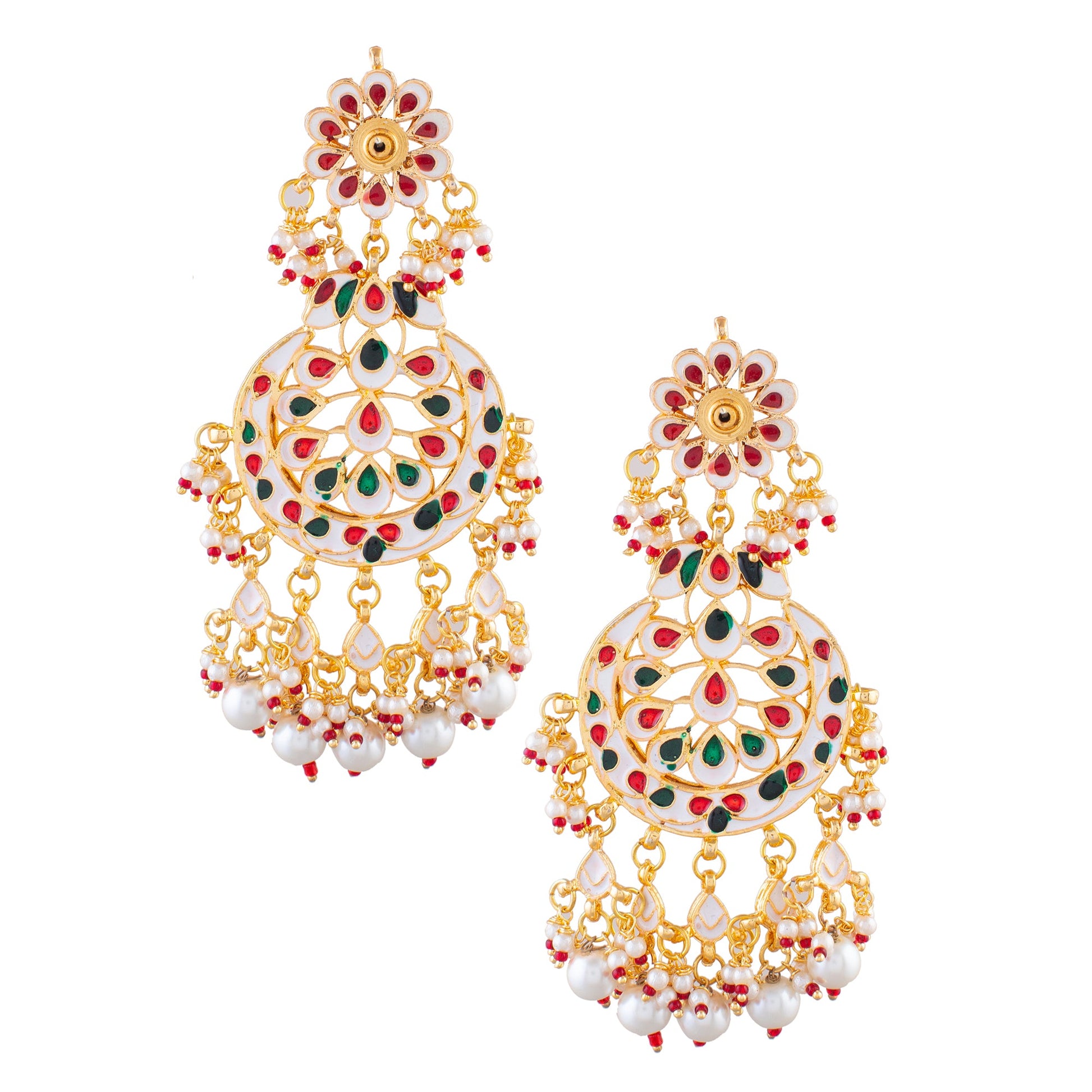 Gold and Red toned Kundan Crescent Shaped earring