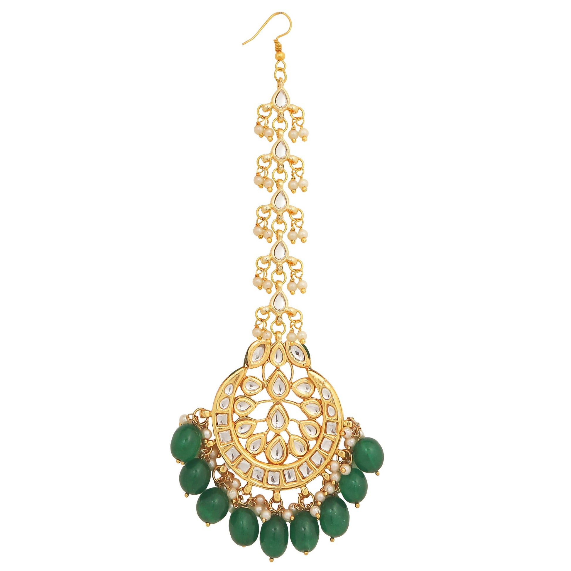 Emerald beaded Kundan Necklace with Earrings & Maang Tikka