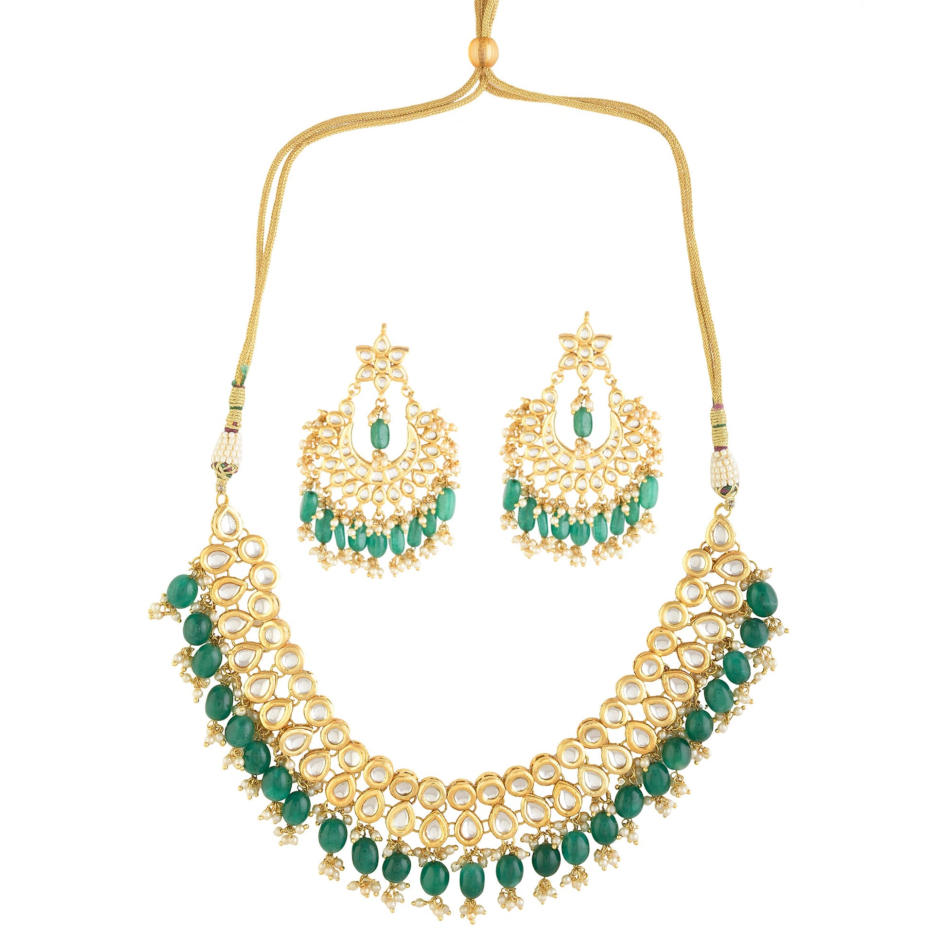 Emerald beaded Gold toned kundan embellished necklace with chandbali