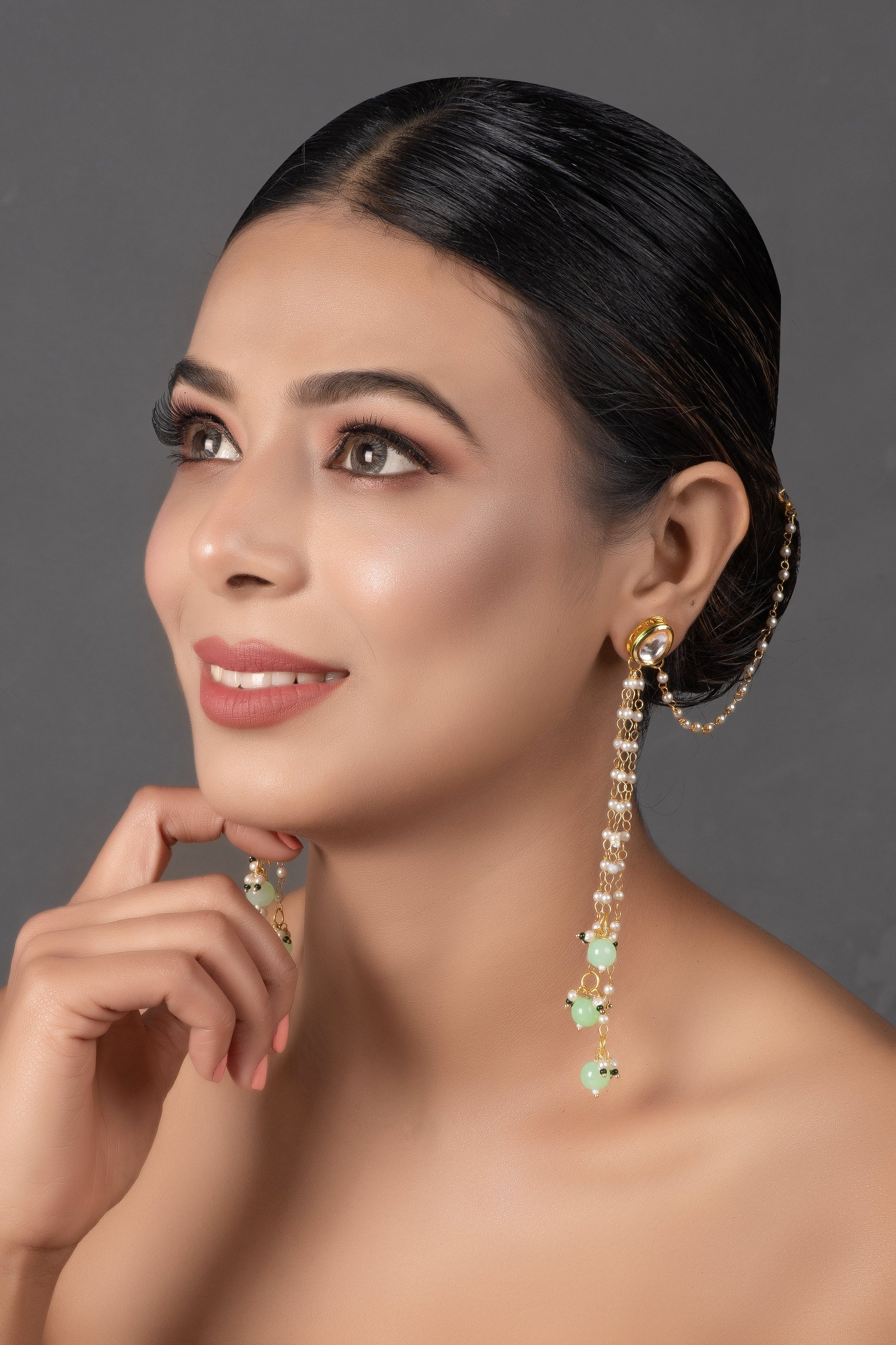 Gold and Green Tone Kundan Inspired Pearl Tassel Earrings with Hair Chain